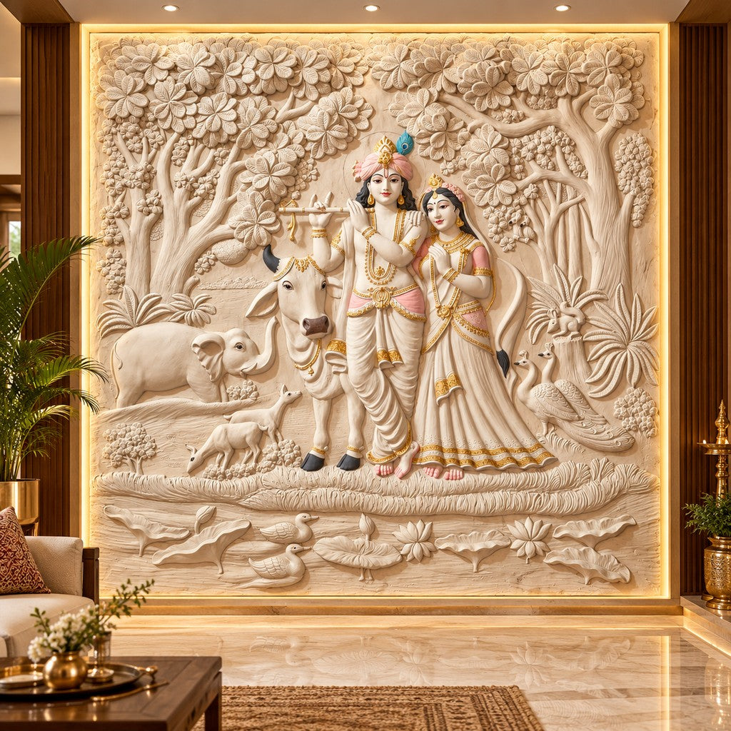 Handcrafted Radha Krishna 3D wall art sculpture by Artgatha, featuring intricate relief detailing in a grand 8 × 8 feet statement design.