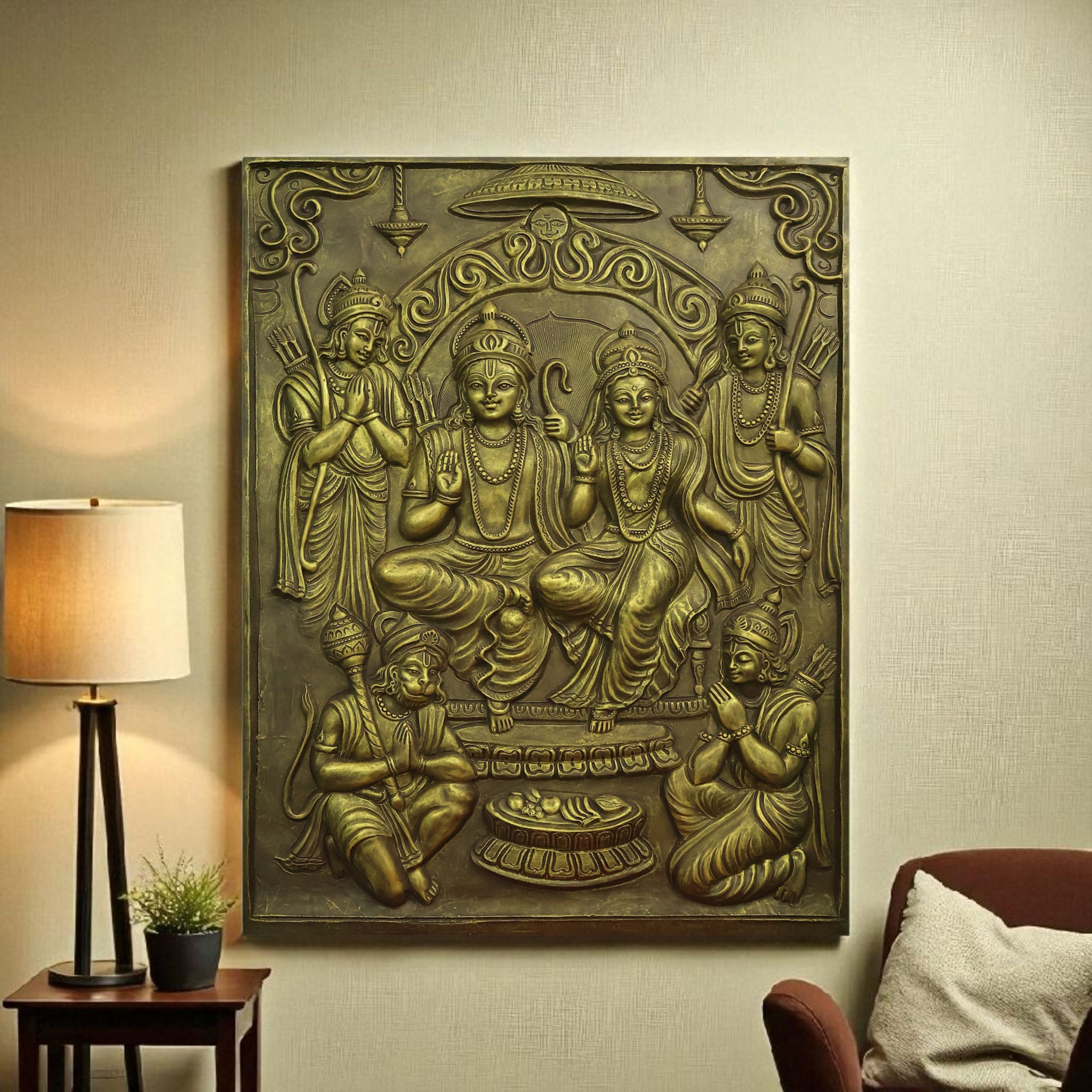 Ram Darbar 3D Relief Mural – 4x3 Feet | Divine Elegance in Bronze, Golden & White