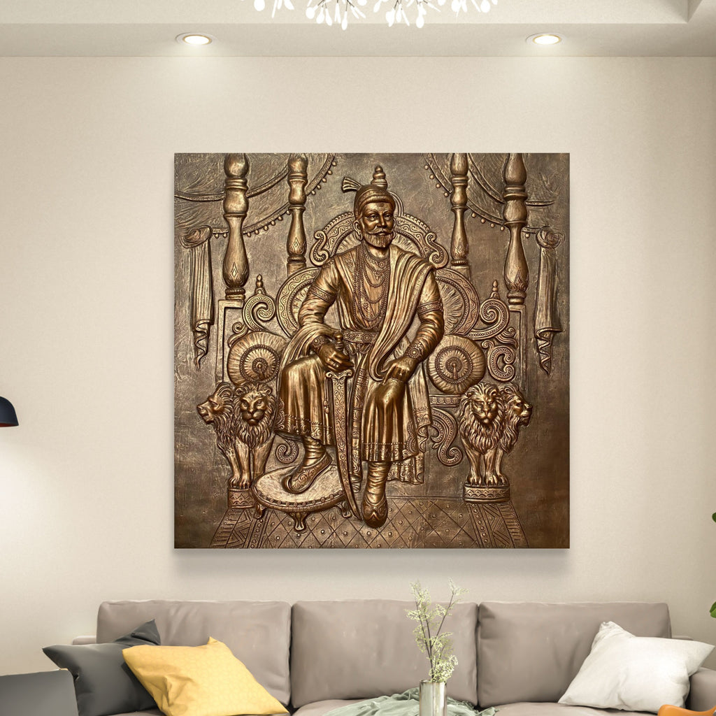 Large Size: Chhatrapati Shivaji Maharaj 3D Relief Wall Mural – Majestic Throne Artwork | Royal & Historic Home & Office Decor