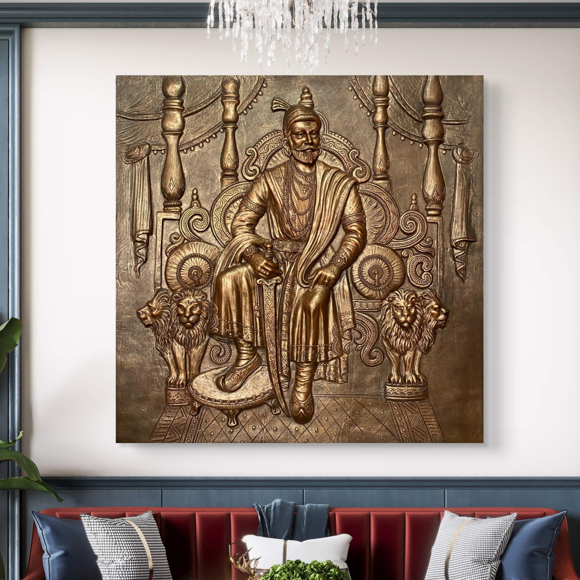 Large Size: Chhatrapati Shivaji Maharaj 3D Relief Wall Mural – Majestic Throne Artwork | Royal & Historic Home & Office Decor