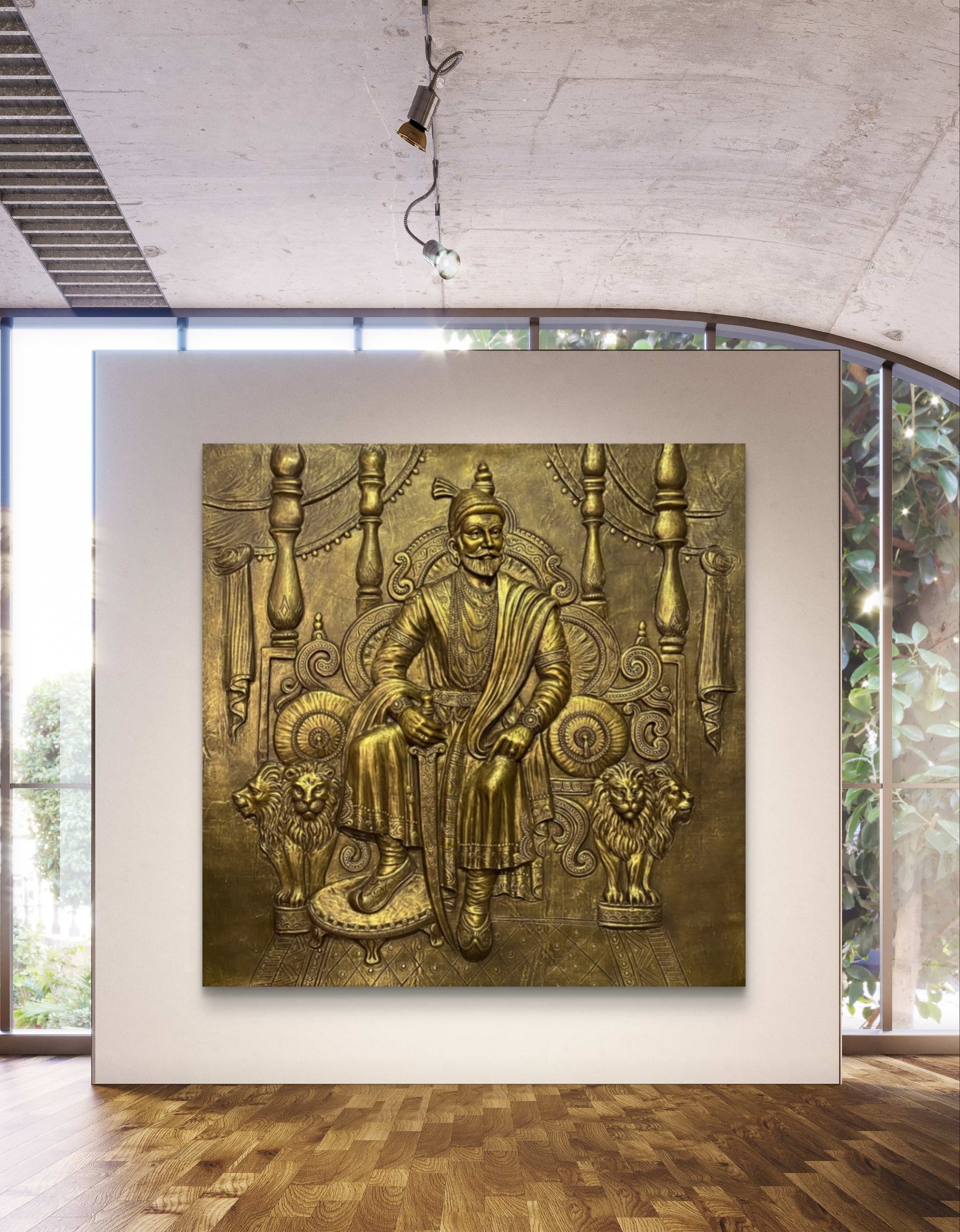 Large Size: Chhatrapati Shivaji Maharaj 3D Relief Wall Mural – Majestic Throne Artwork | Royal & Historic Home & Office Decor