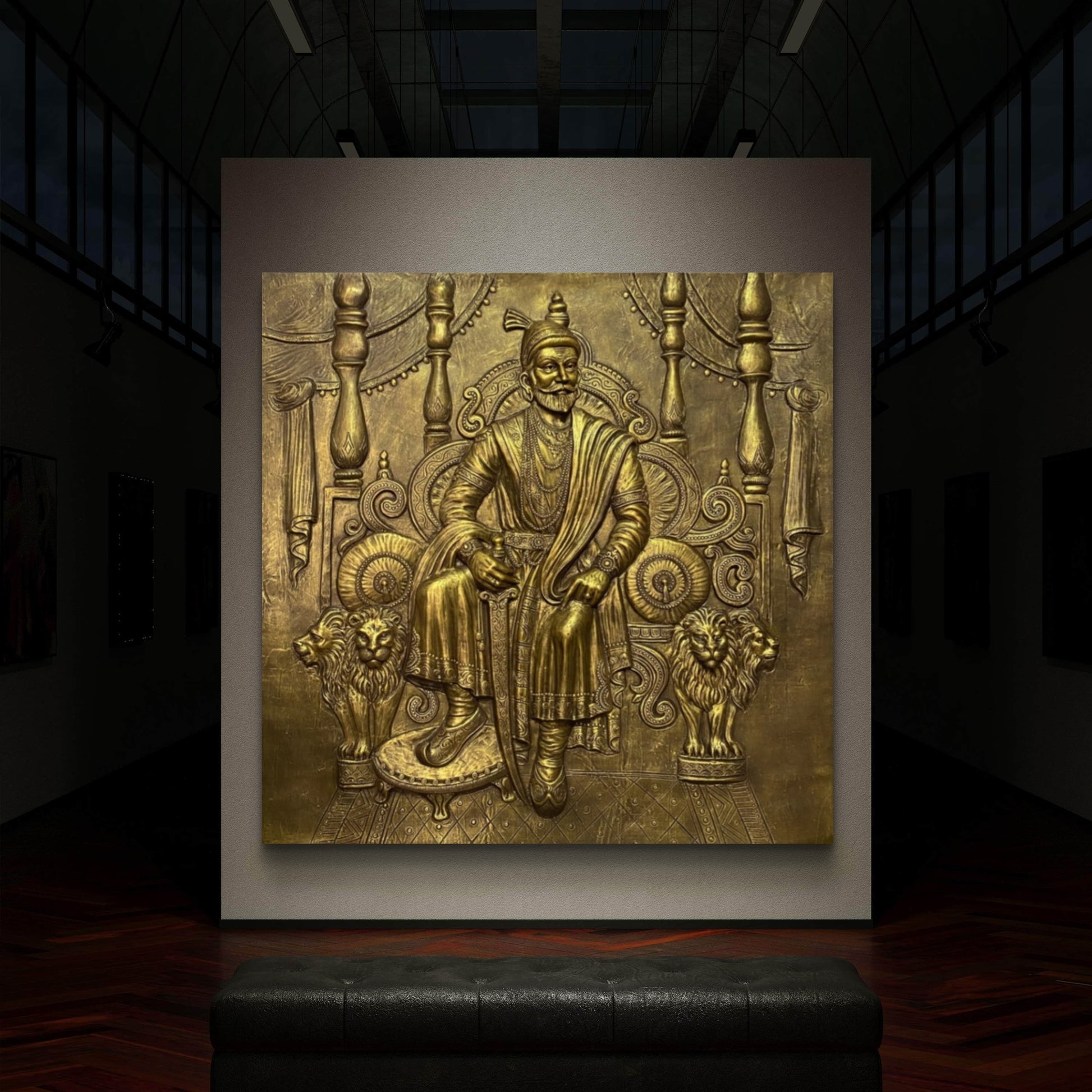 Large Size: Chhatrapati Shivaji Maharaj 3D Relief Wall Mural – Majestic Throne Artwork | Royal & Historic Home & Office Decor