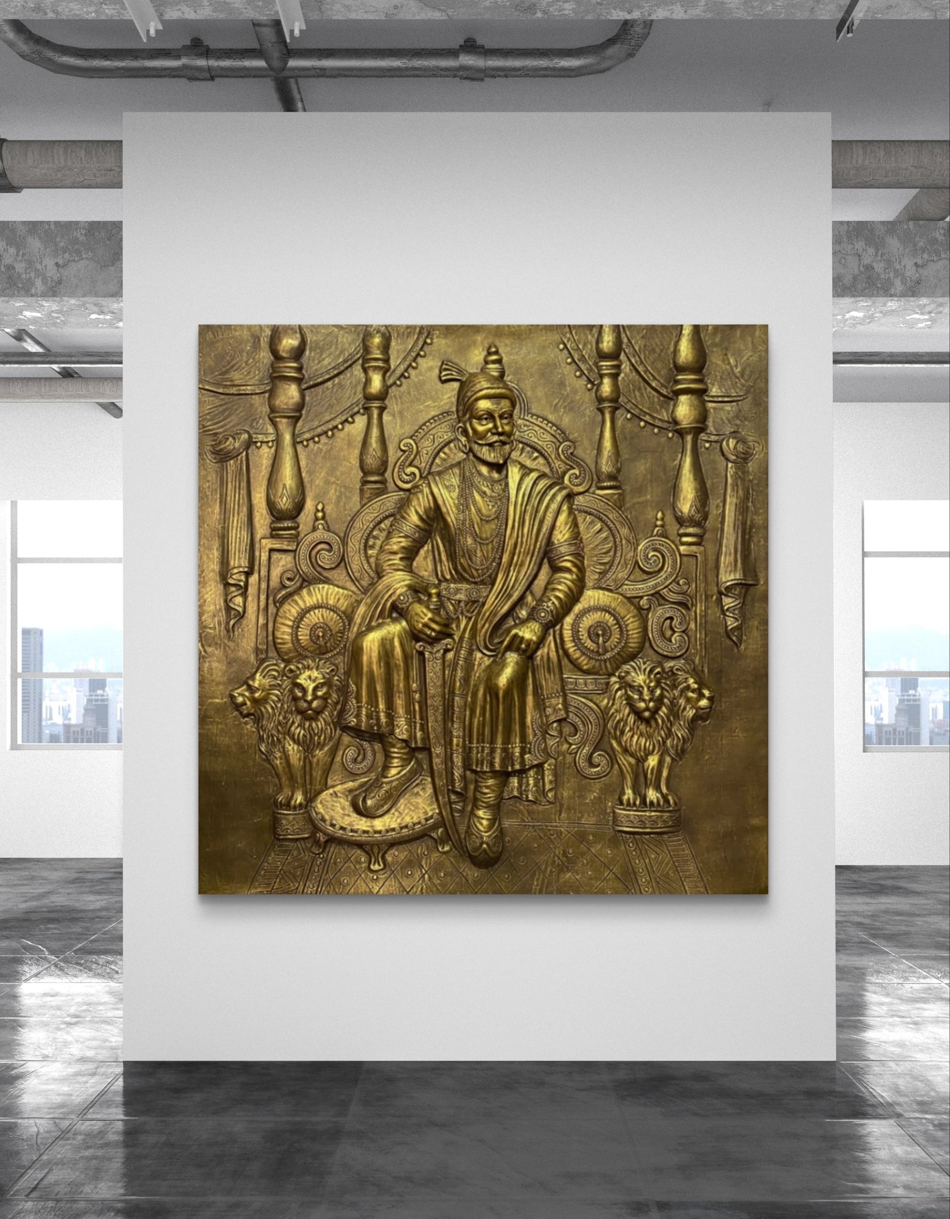Large Size: Chhatrapati Shivaji Maharaj 3D Relief Wall Mural – Majestic Throne Artwork | Royal & Historic Home & Office Decor