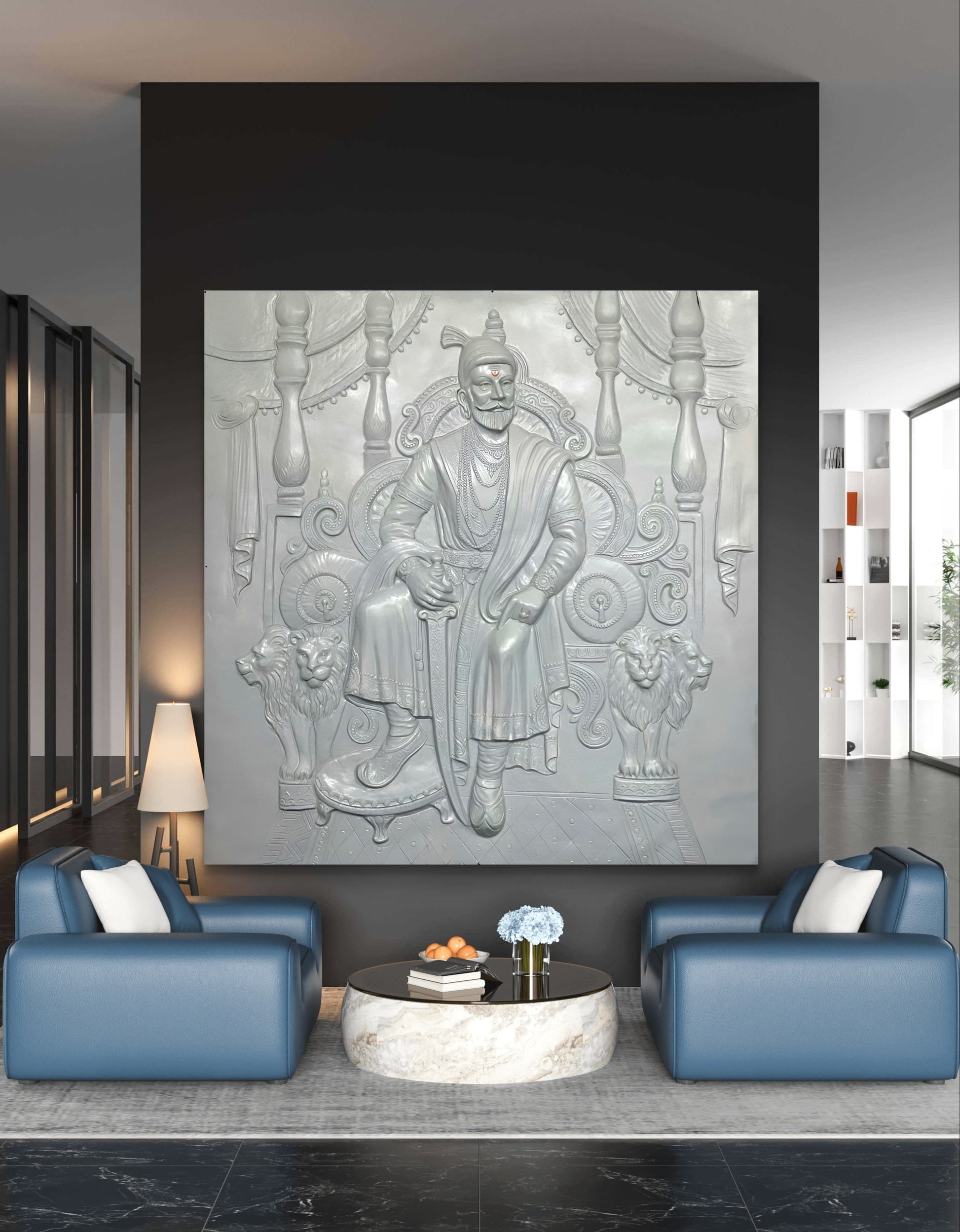 Large Size: Chhatrapati Shivaji Maharaj 3D Relief Wall Mural – Majestic Throne Artwork | Royal & Historic Home & Office Decor