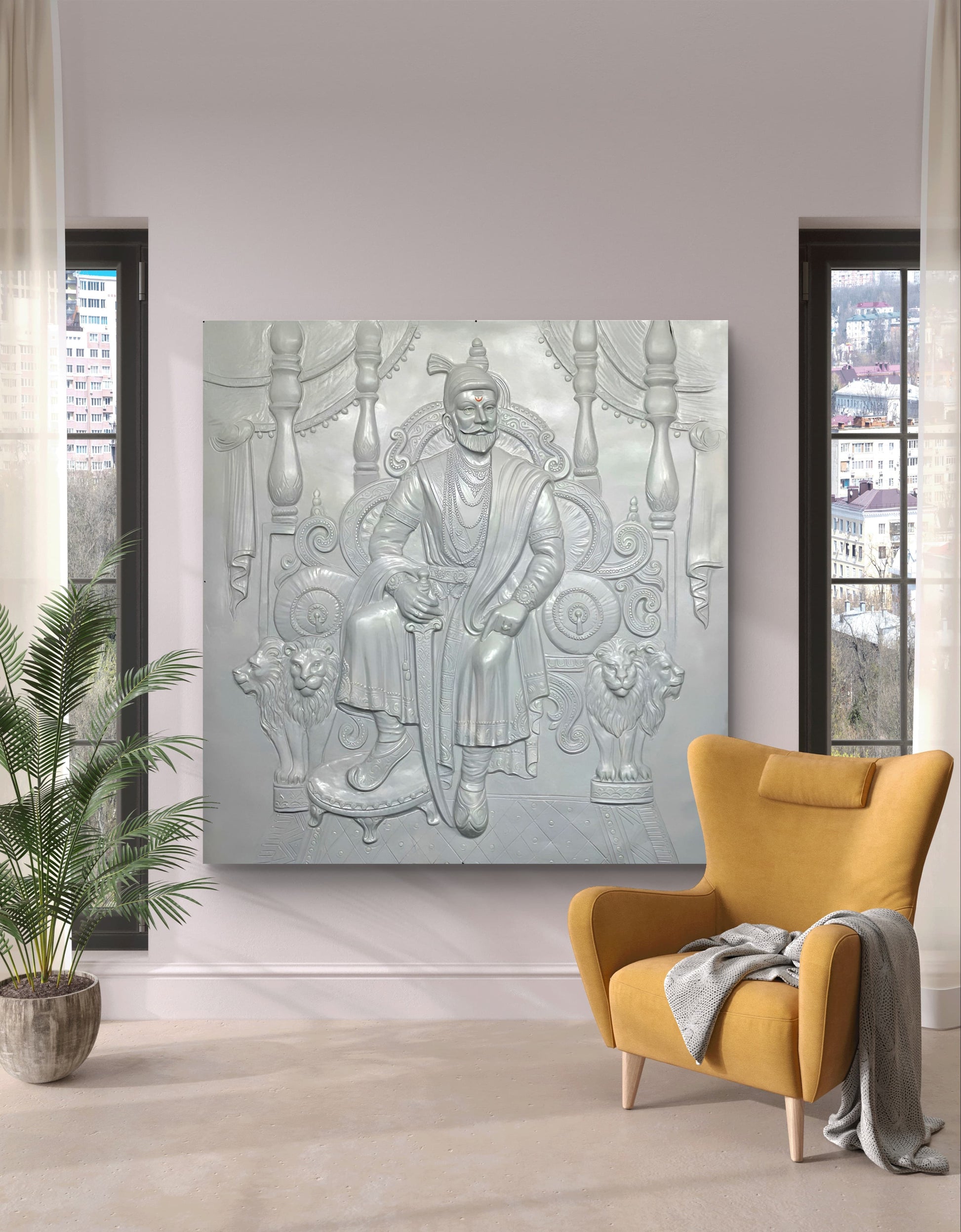 Large Size: Chhatrapati Shivaji Maharaj 3D Relief Wall Mural – Majestic Throne Artwork | Royal & Historic Home & Office Decor