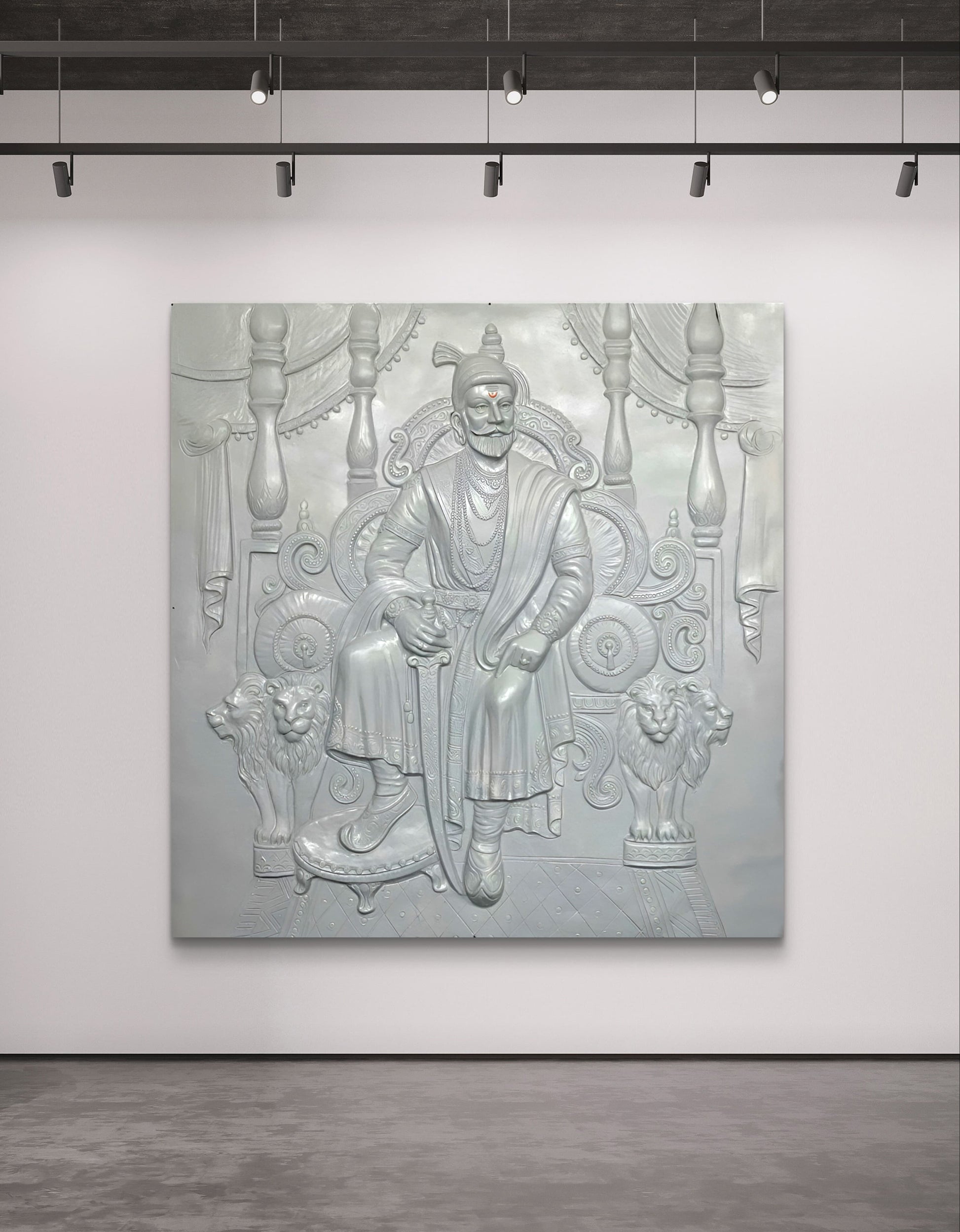 Large Size: Chhatrapati Shivaji Maharaj 3D Relief Wall Mural – Majestic Throne Artwork | Royal & Historic Home & Office Decor