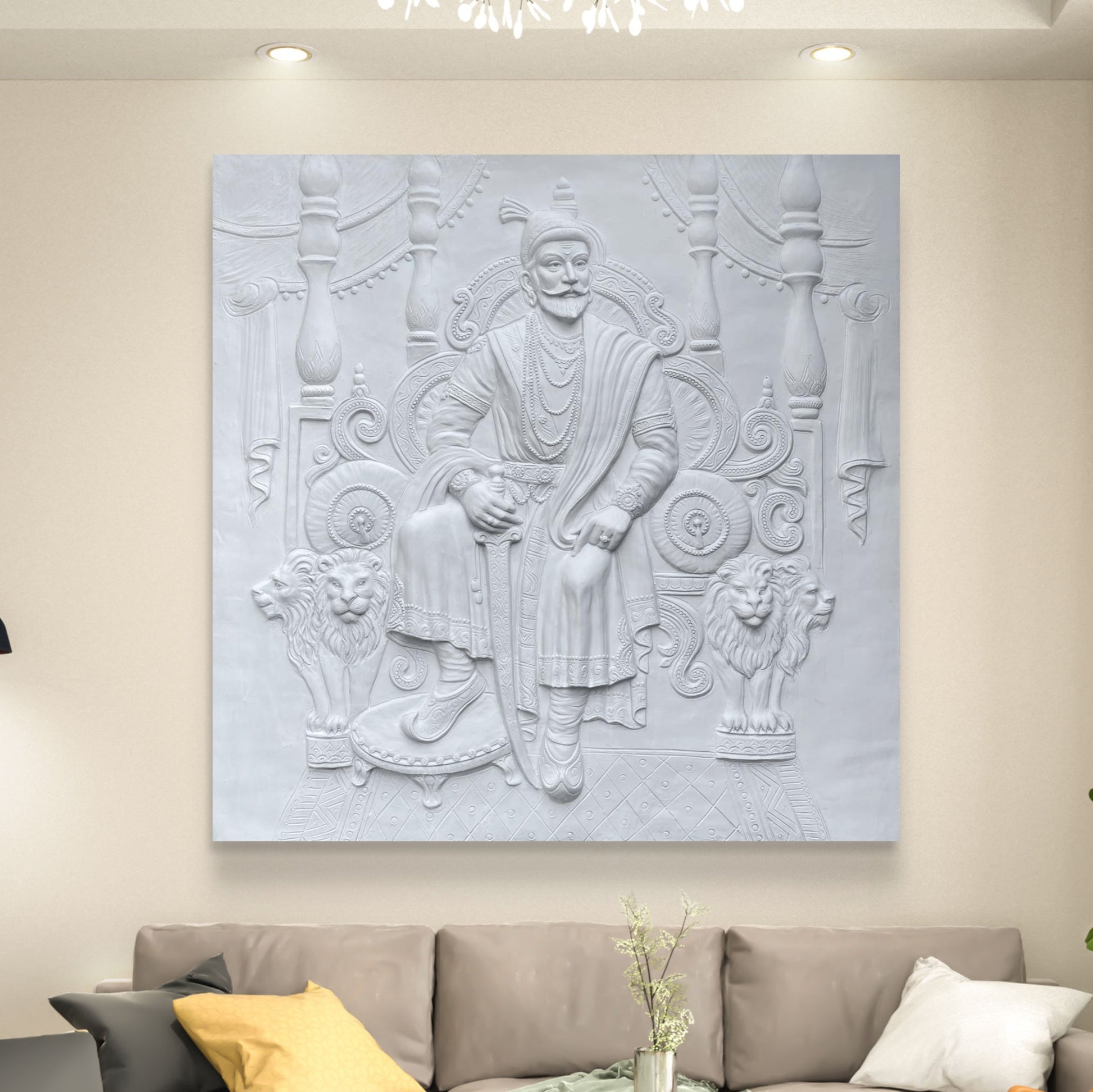 Large Size: Chhatrapati Shivaji Maharaj 3D Relief Wall Mural – Majestic Throne Artwork | Royal & Historic Home & Office Decor