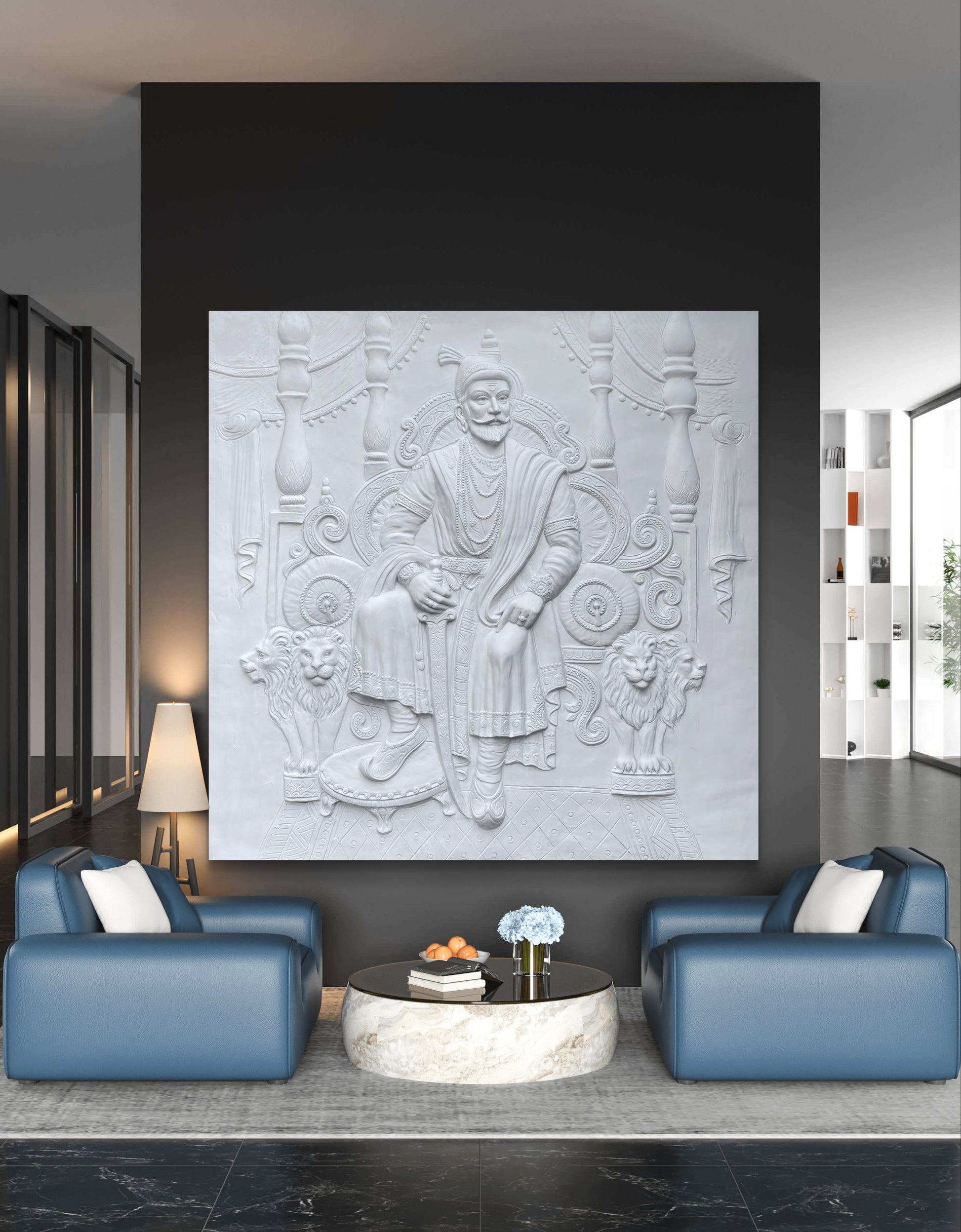 Large Size: Chhatrapati Shivaji Maharaj 3D Relief Wall Mural – Majestic Throne Artwork | Royal & Historic Home & Office Decor