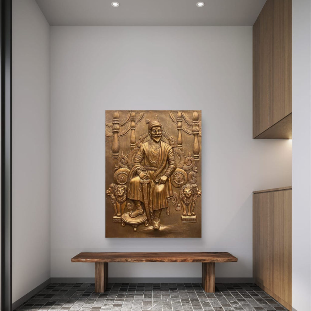 4x3 Feet | Chhatrapati Shivaji Maharaj 3D Relief Wall Mural – Majestic Throne Artwork | Royal & Historic Home & Office Decor