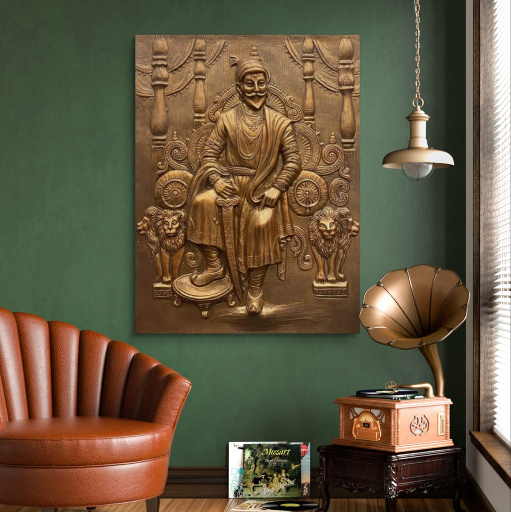 4x3 Feet | Chhatrapati Shivaji Maharaj 3D Relief Wall Mural – Majestic Throne Artwork | Royal & Historic Home & Office Decor