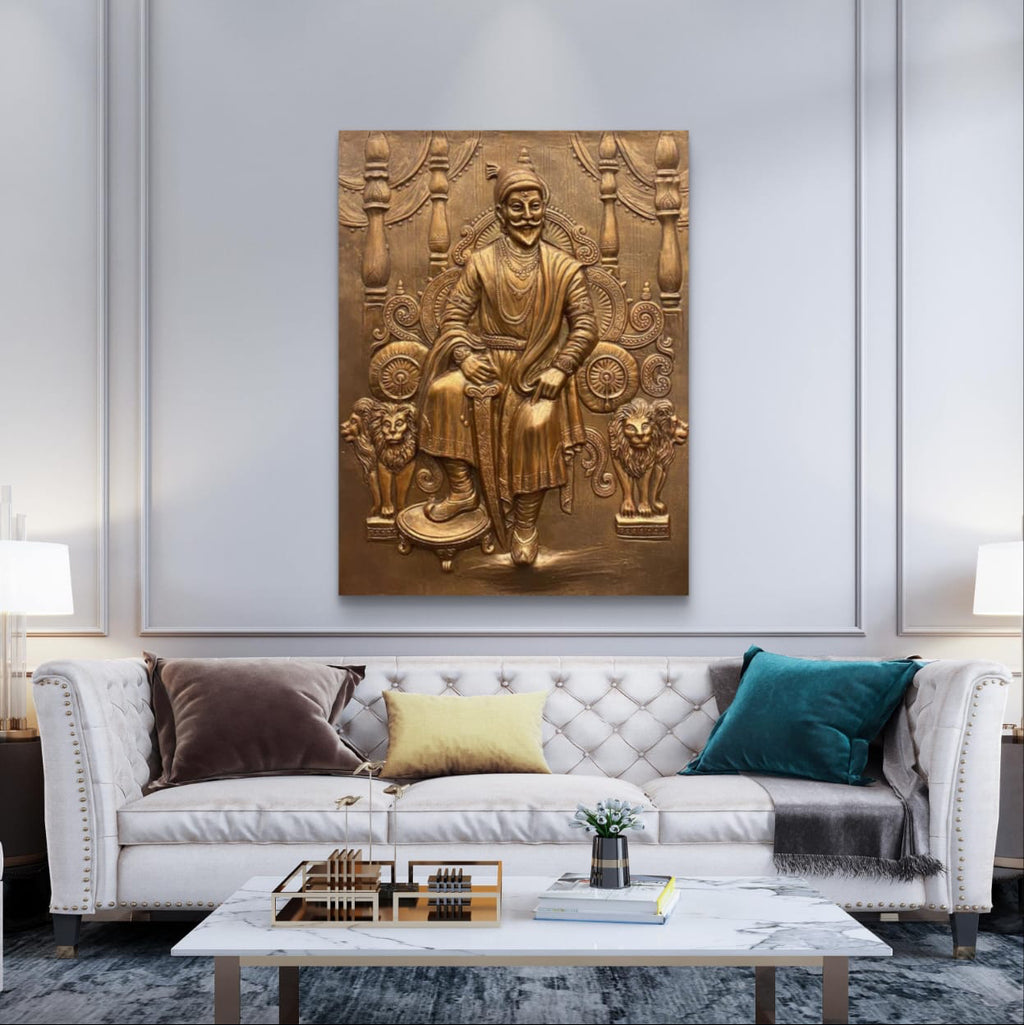 4x3 Feet | Chhatrapati Shivaji Maharaj 3D Relief Wall Mural – Majestic Throne Artwork | Royal & Historic Home & Office Decor
