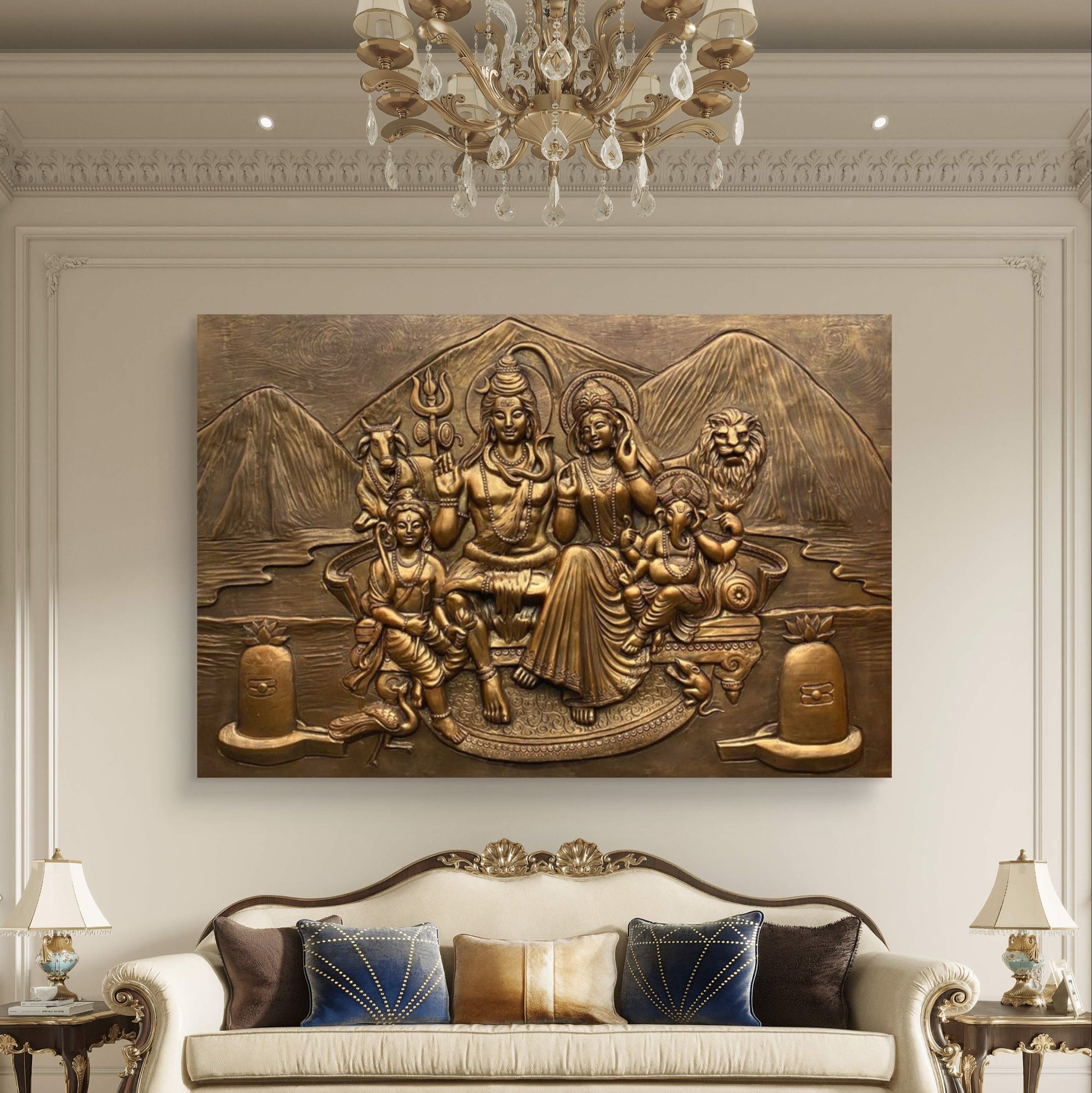 6x4 Feet | Divine Shiva Parivar 3D Relief Wall Mural | Ready to Hang