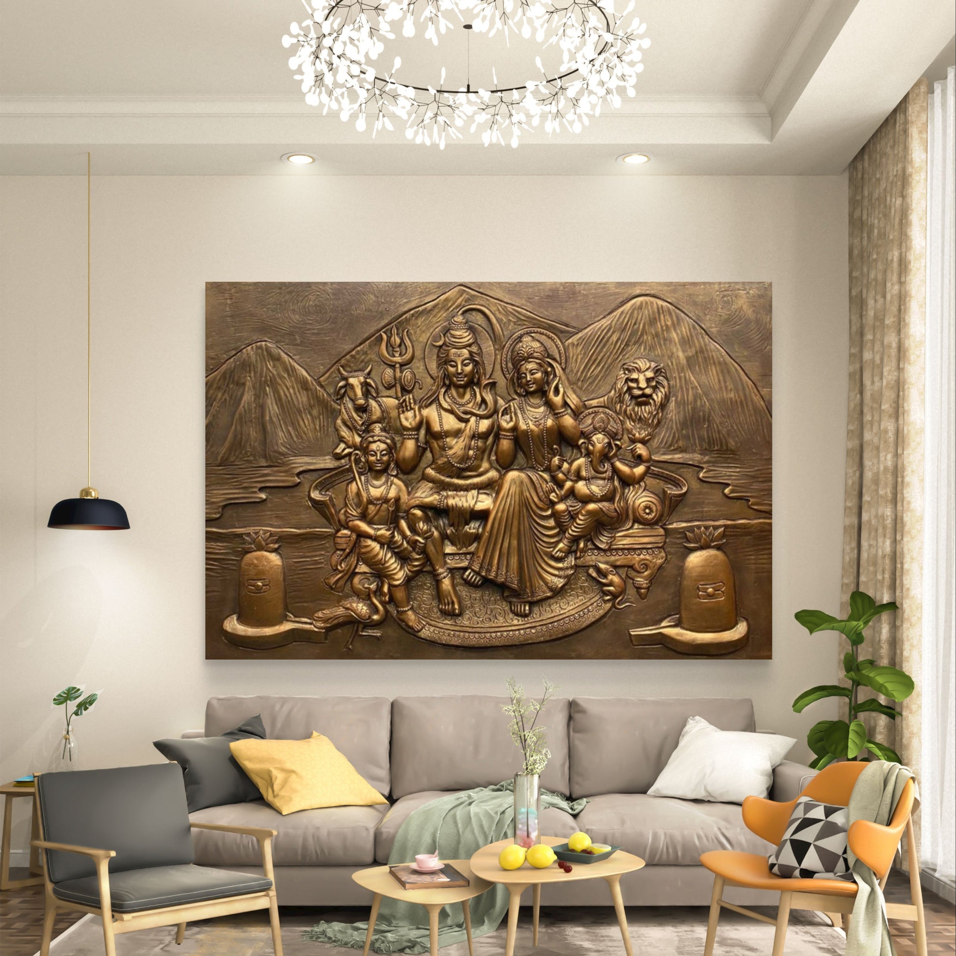 6x4 Feet | Divine Shiva Parivar 3D Relief Wall Mural | Ready to Hang