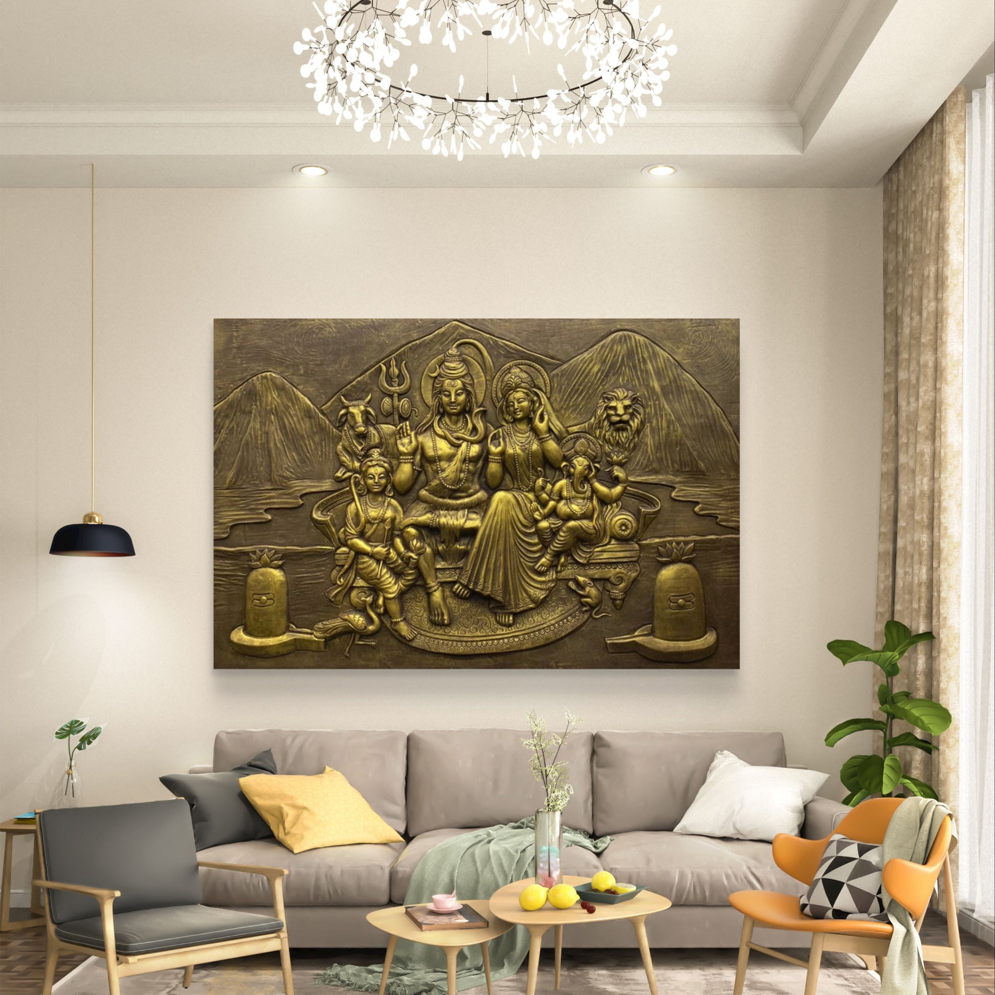 6x4 Feet | Divine Shiva Parivar 3D Relief Wall Mural | Ready to Hang