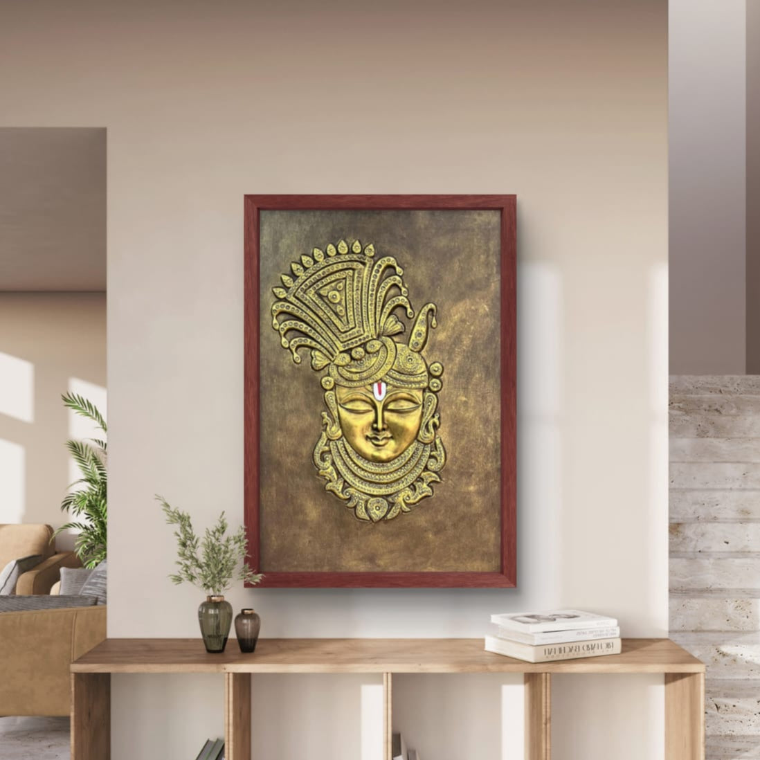 Shrinathji 3D Relief Mural Wall Art – 3x2 Feet (Bronze, Golden & White)