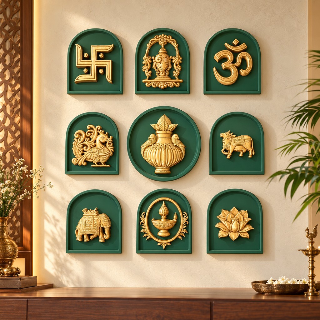 Set of 9 Nav Shubh traditional decorative 3D wall motifs by Artgatha.