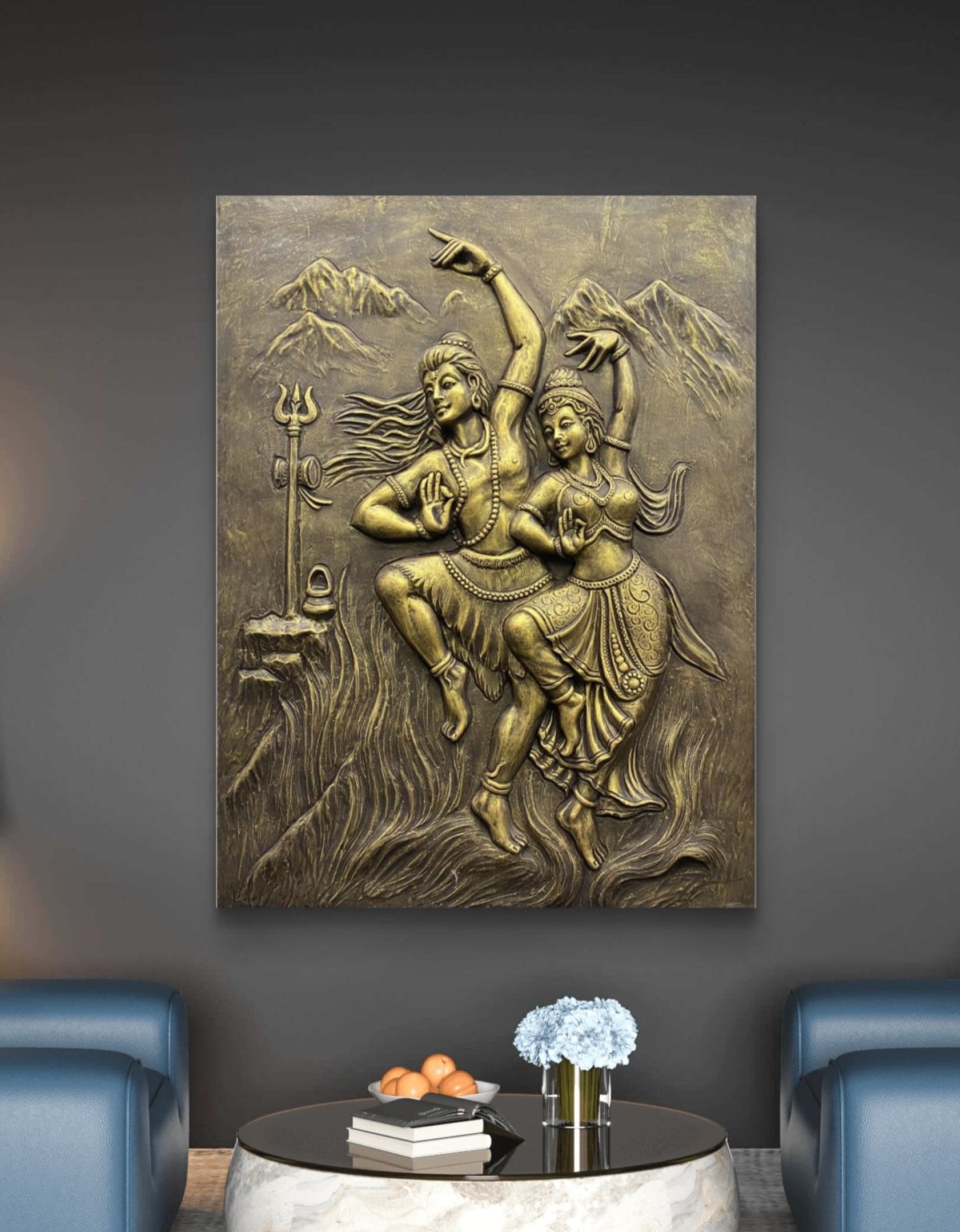 4X3 Feet | Shiv Parvati Dancing 3D Relief Mural – Ready to Hang