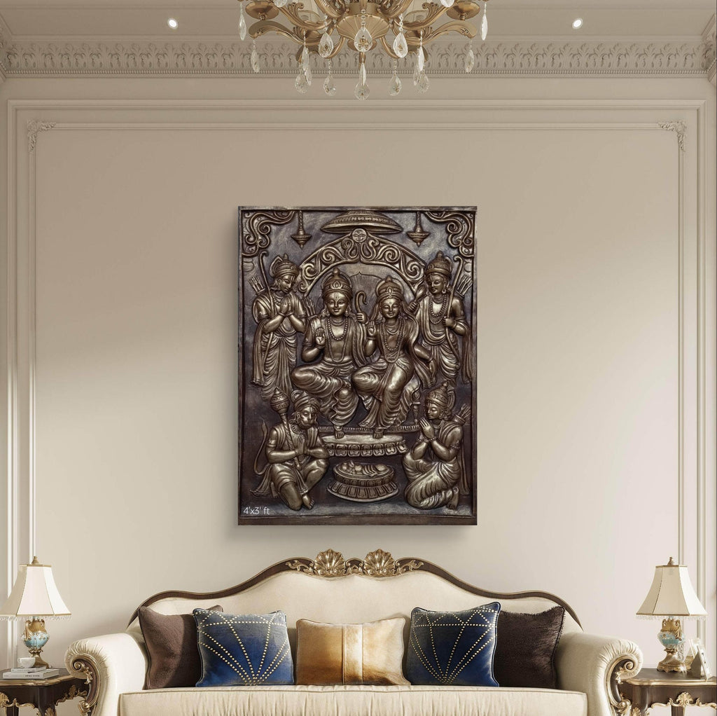 Ram Darbar 3D Relief Mural – 4x3 Feet | Divine Elegance in Bronze, Golden & White