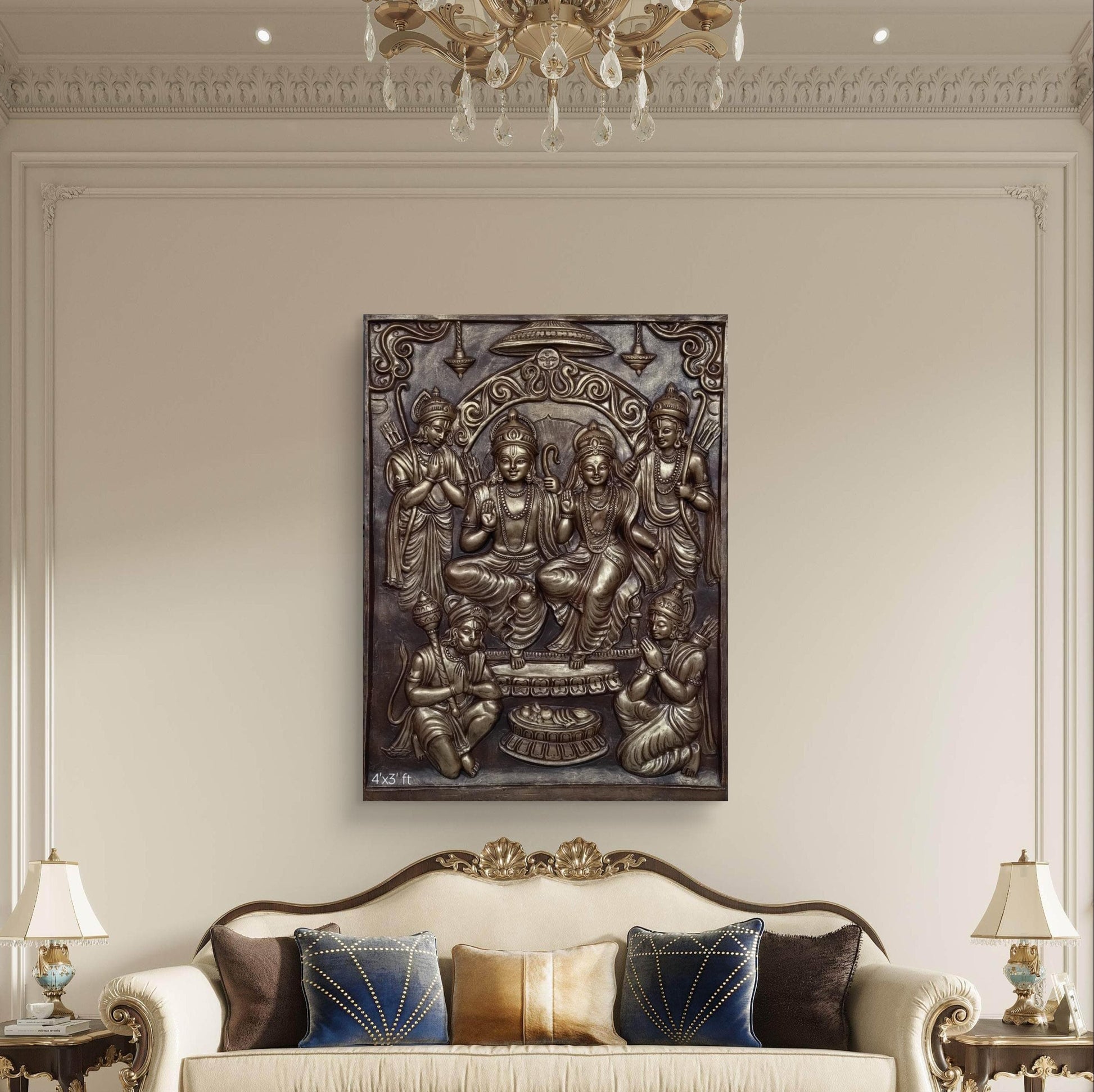 Ram Darbar 3D Relief Mural – 4x3 Feet | Divine Elegance in Bronze, Golden & White