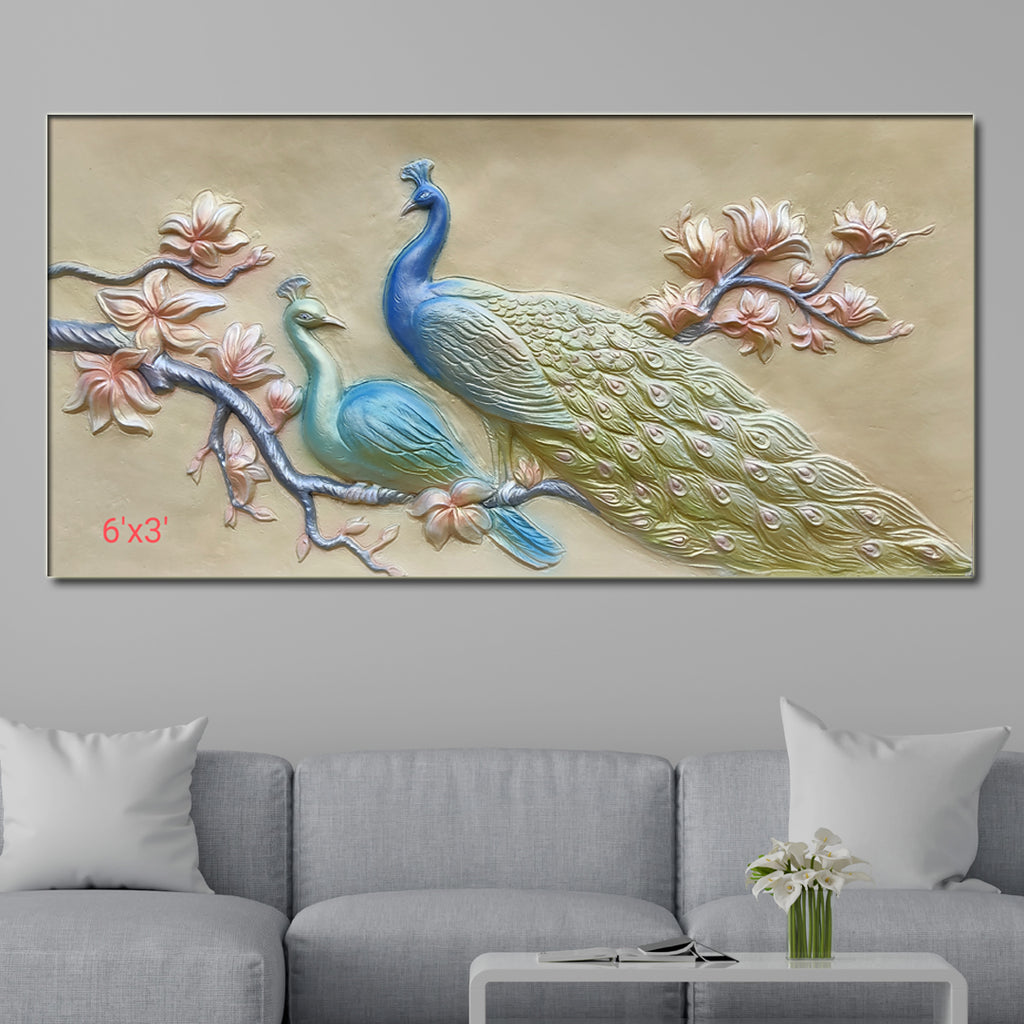 6x3 Feet Peacock with Floral Tree Design - 3D Relief Mural  | Handcrafted Wall Elevation Art