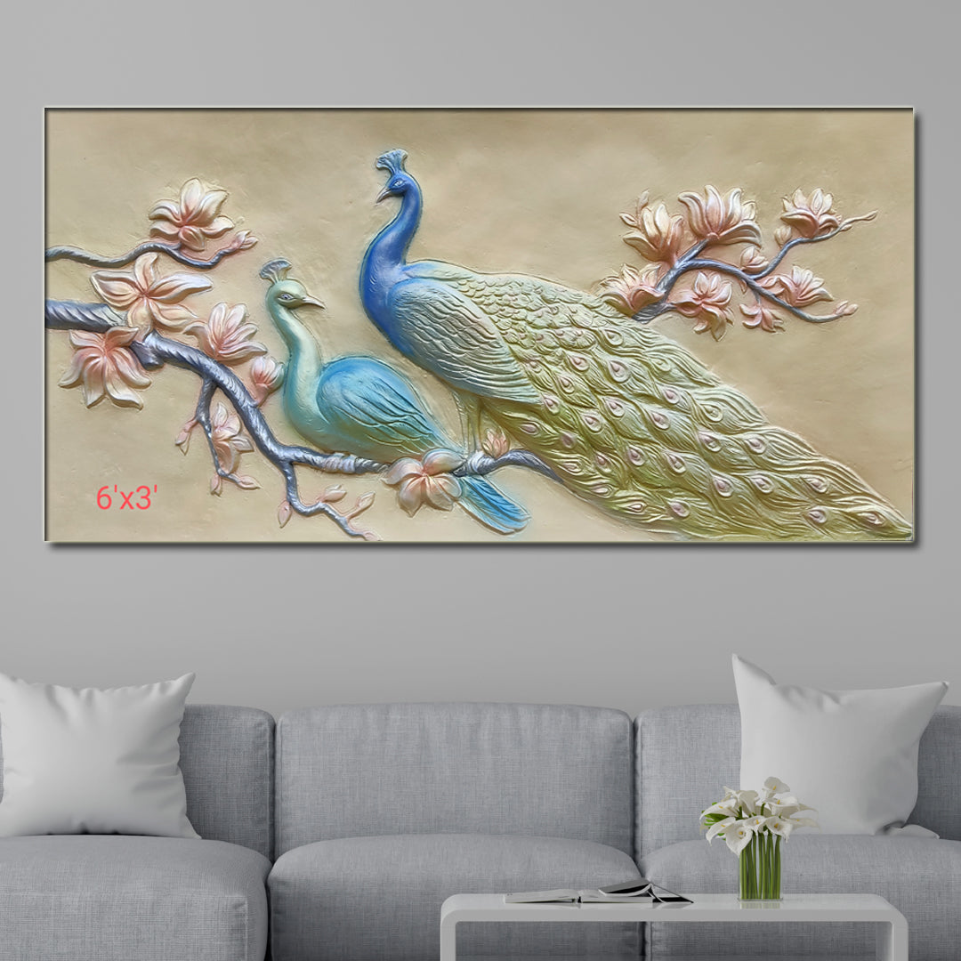 6x3 Feet Peacock with Floral Tree Design - 3D Relief Mural  | Handcrafted Wall Elevation Art