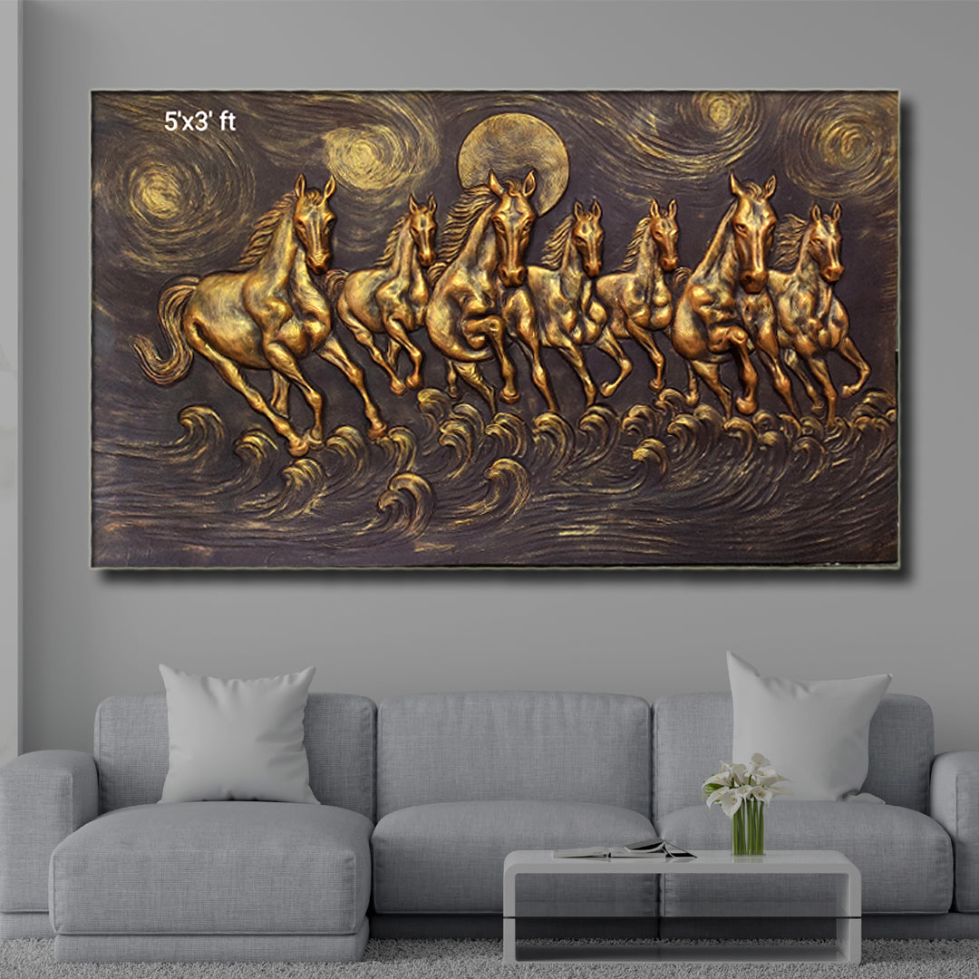 5x3 Feet Left-Moving 7 Horses | 3D Relief Mural (Vastu-Inspired)