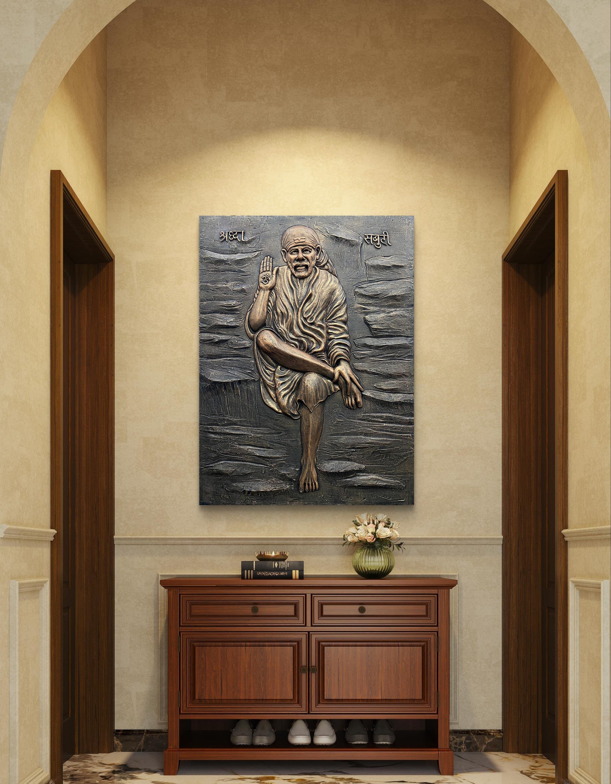 Sai Baba 3D Mural Wall Art – 4x3 Feet | Available in Bronze, Golden & White | High-Relief Spiritual Décor