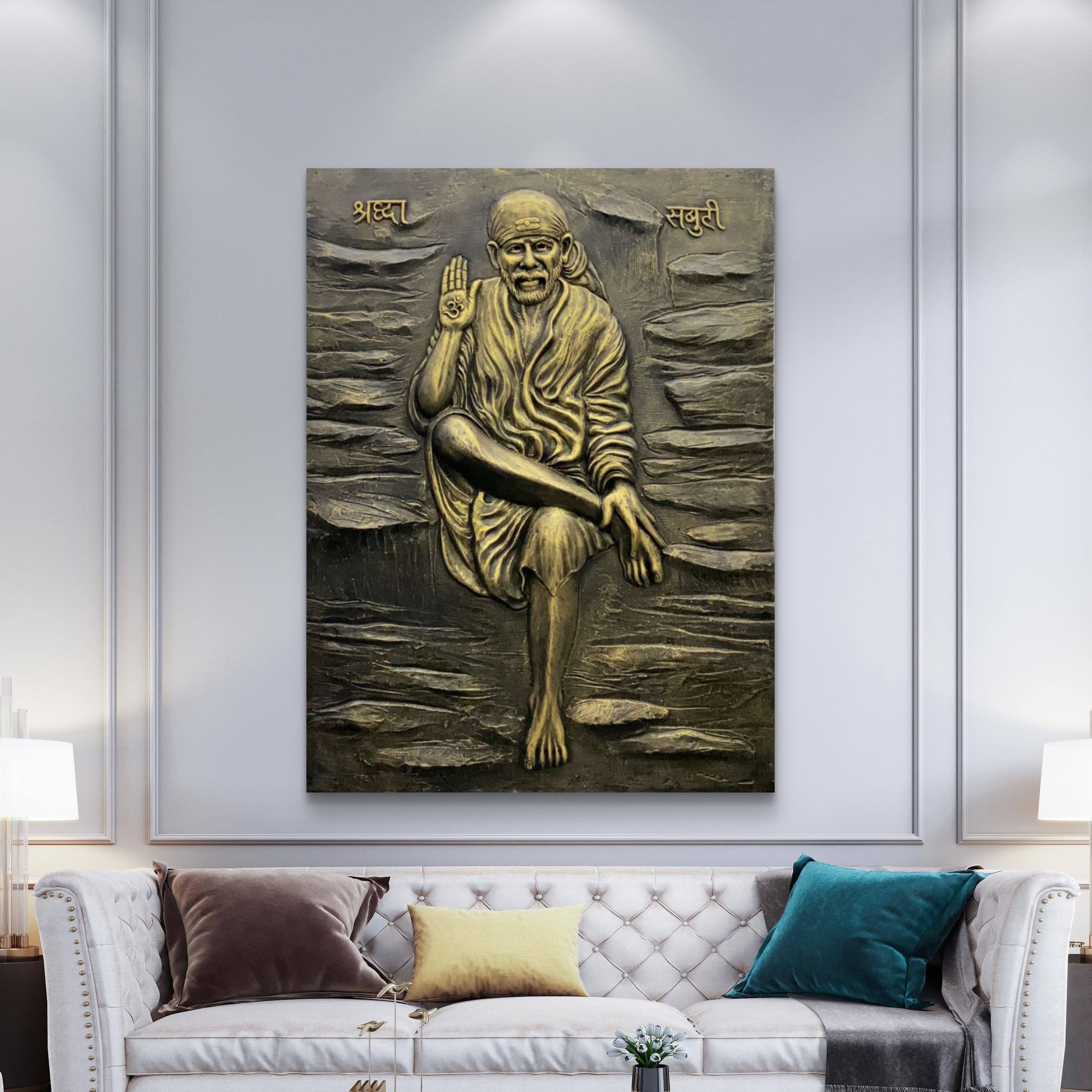 Sai Baba 3D Mural Wall Art – 4x3 Feet | Available in Bronze, Golden & White | High-Relief Spiritual Décor