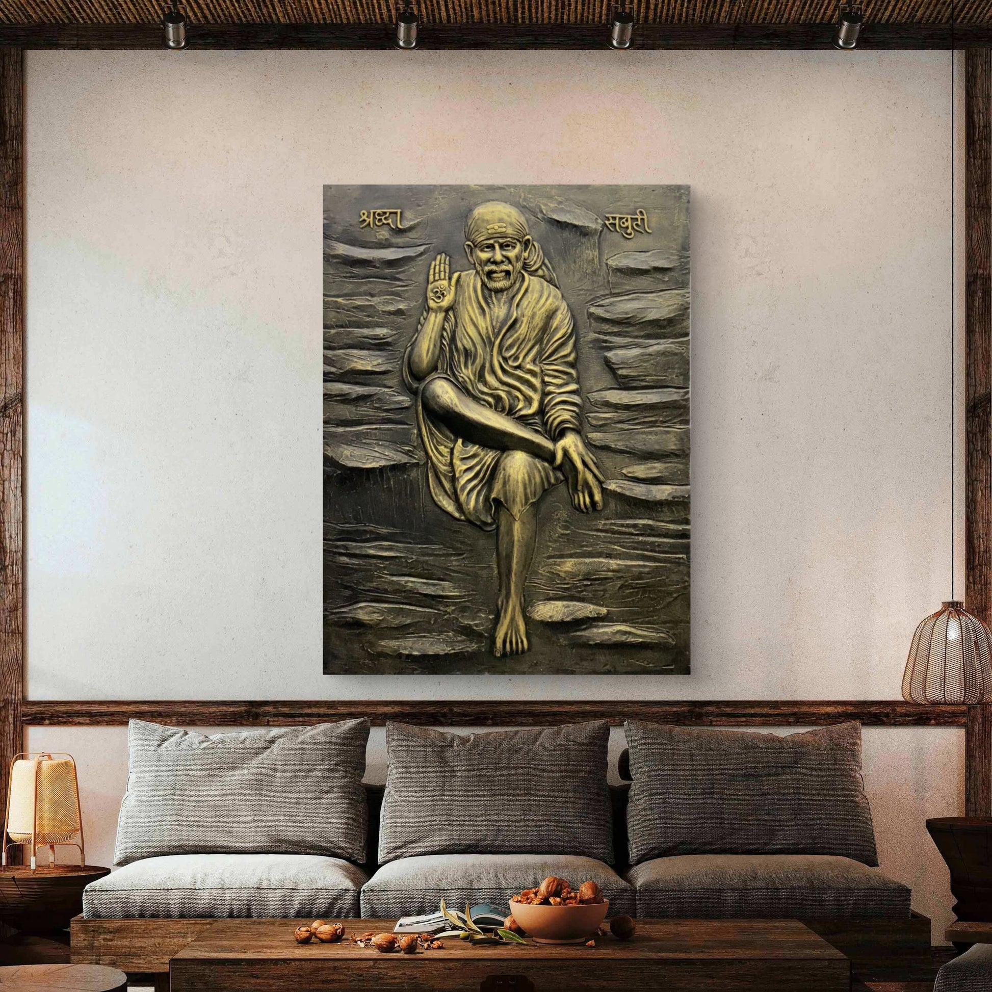 Sai Baba 3D Mural Wall Art – 4x3 Feet | Available in Bronze, Golden & White | High-Relief Spiritual Décor