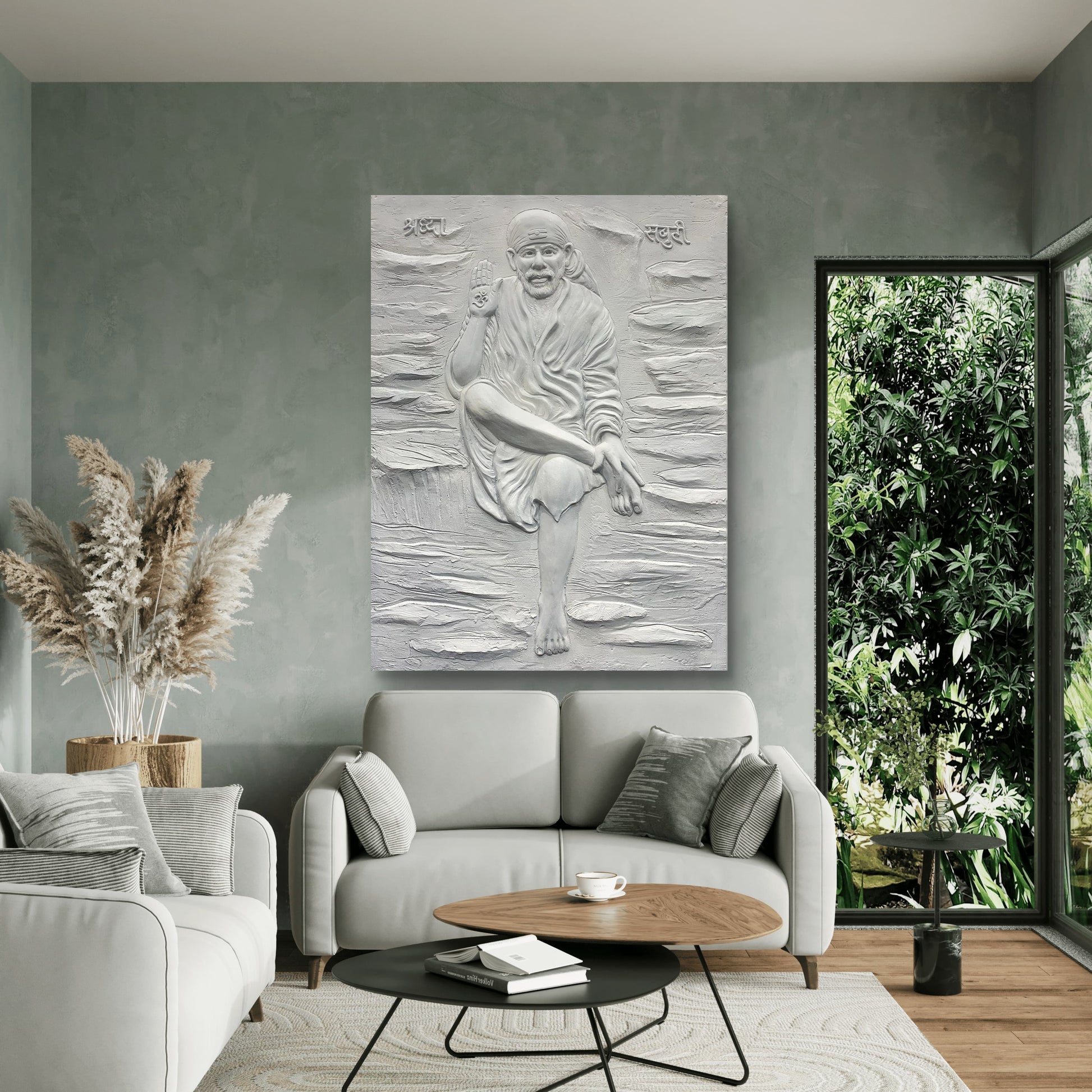 Sai Baba 3D Mural Wall Art – 4x3 Feet | Available in Bronze, Golden & White | High-Relief Spiritual Décor