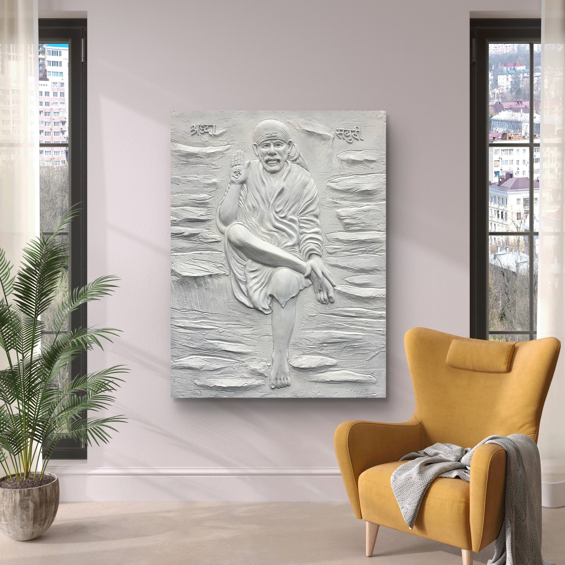 Sai Baba 3D Mural Wall Art – 4x3 Feet | Available in Bronze, Golden & White | High-Relief Spiritual Décor
