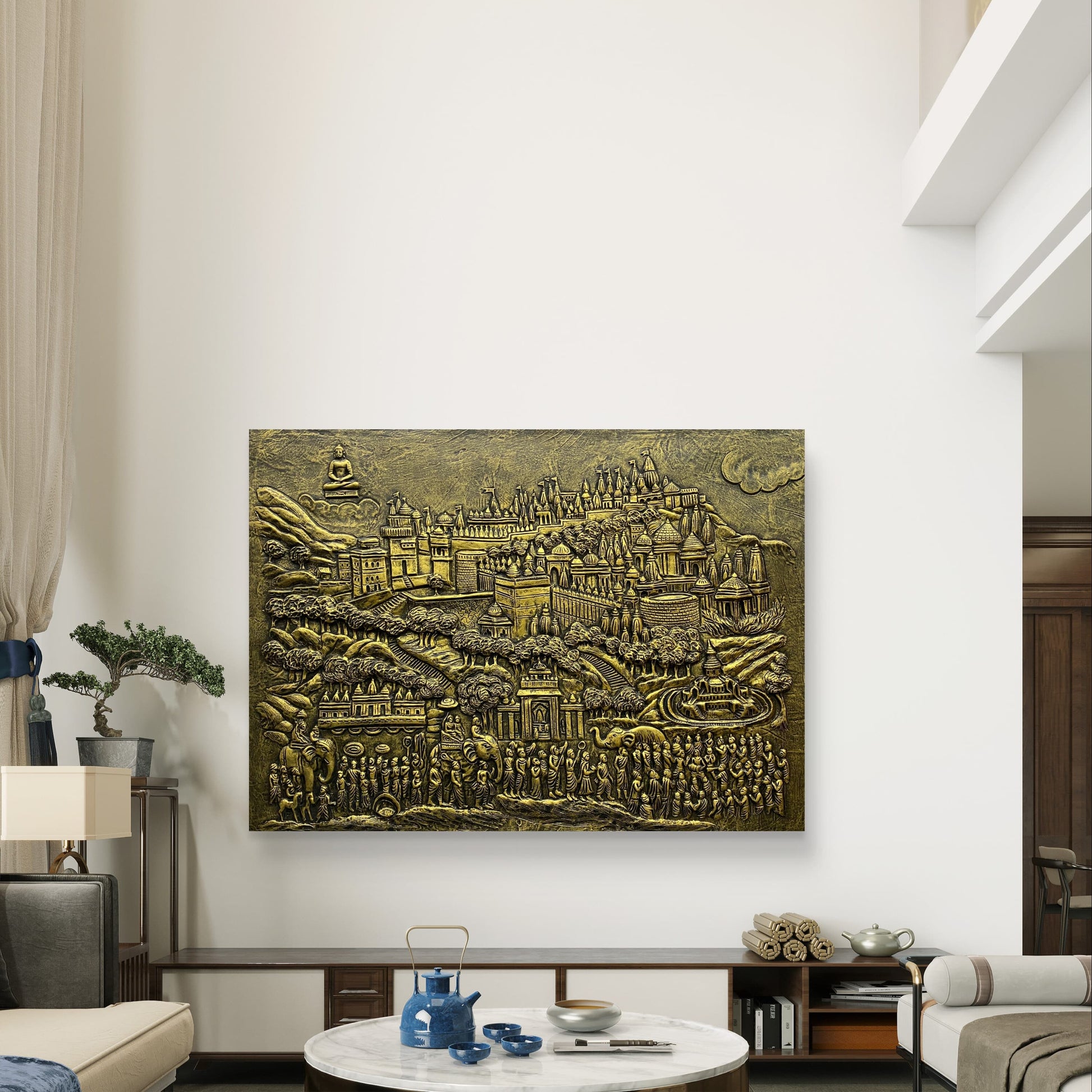 4x3 Feet | Palitana Jain Tirth Temples 3D Relief Wall Mural | Available in Golden, Bronze & White |