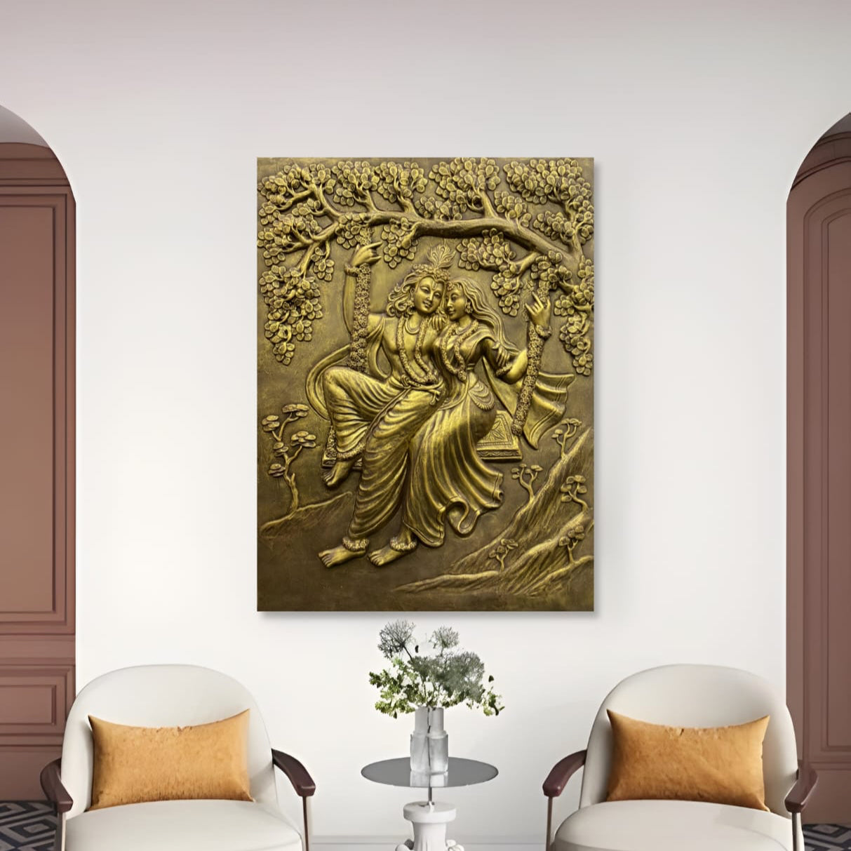 3x2 Feet | Radha Krishna Swing 3D Relief Mural | Spiritual & Romantic Wall Art