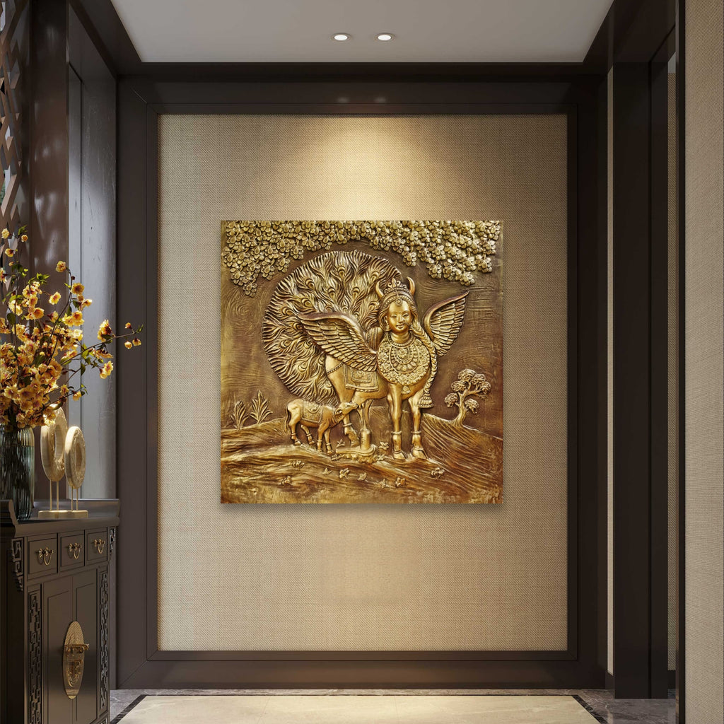 Kamdhenu Cow 3D Relief Wall Mural | 4x4 Feet | Ready-to-Hang Vastu Cow Wall Art for Home & Office