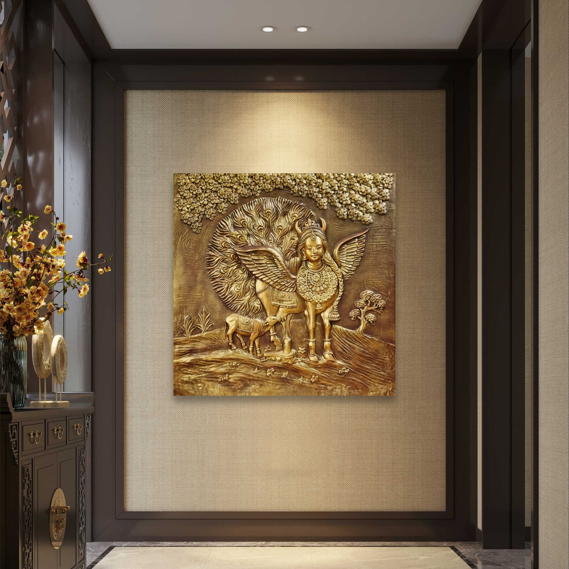 Kamdhenu Cow 3D Relief Wall Mural | 4x4 Feet | Ready-to-Hang Vastu Cow Wall Art for Home & Office