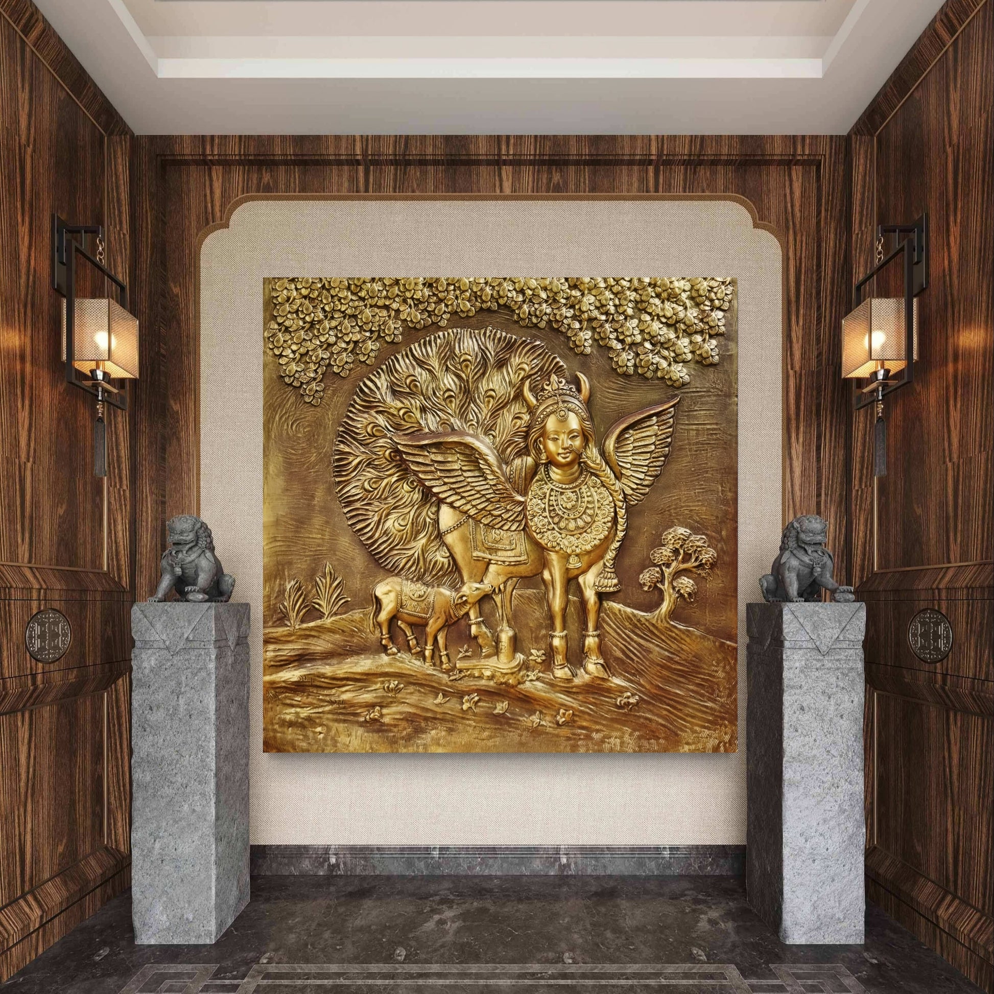 Kamdhenu Cow 3D Relief Wall Mural | 4x4 Feet | Ready-to-Hang Vastu Cow Wall Art for Home & Office