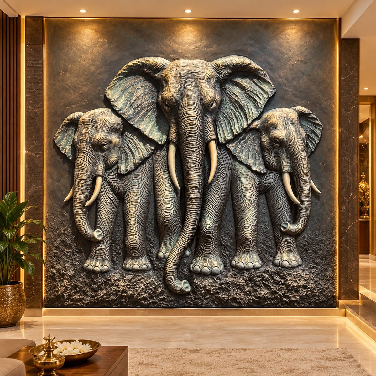 Majestic Elephant Family 3D Relief Wall Mural (8×7 Feet)