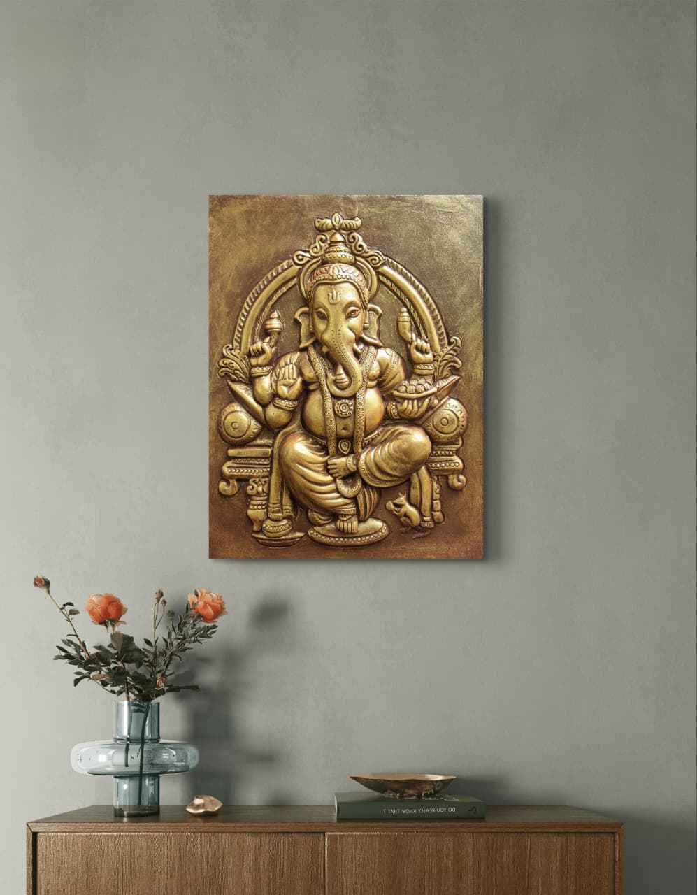 Lord Ganesha 3D Relief Mural – 20x15 Inch | Golden & Bronze | Perfect for Gifting