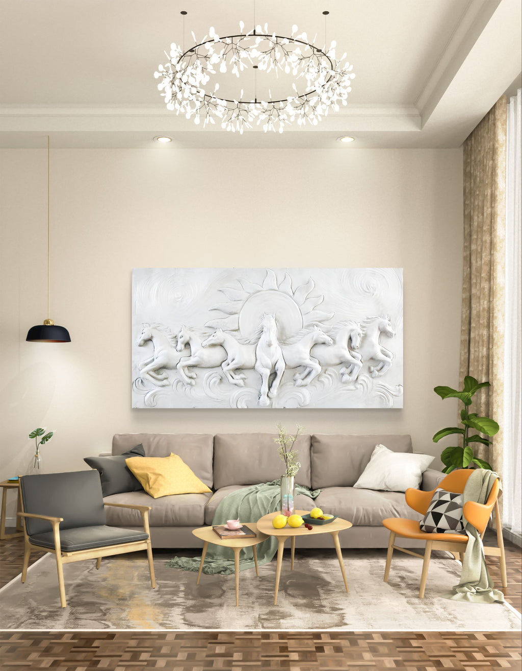 4x2 Feet 7 Horse With Sun Rises | 3D Relief Mural Wall Art