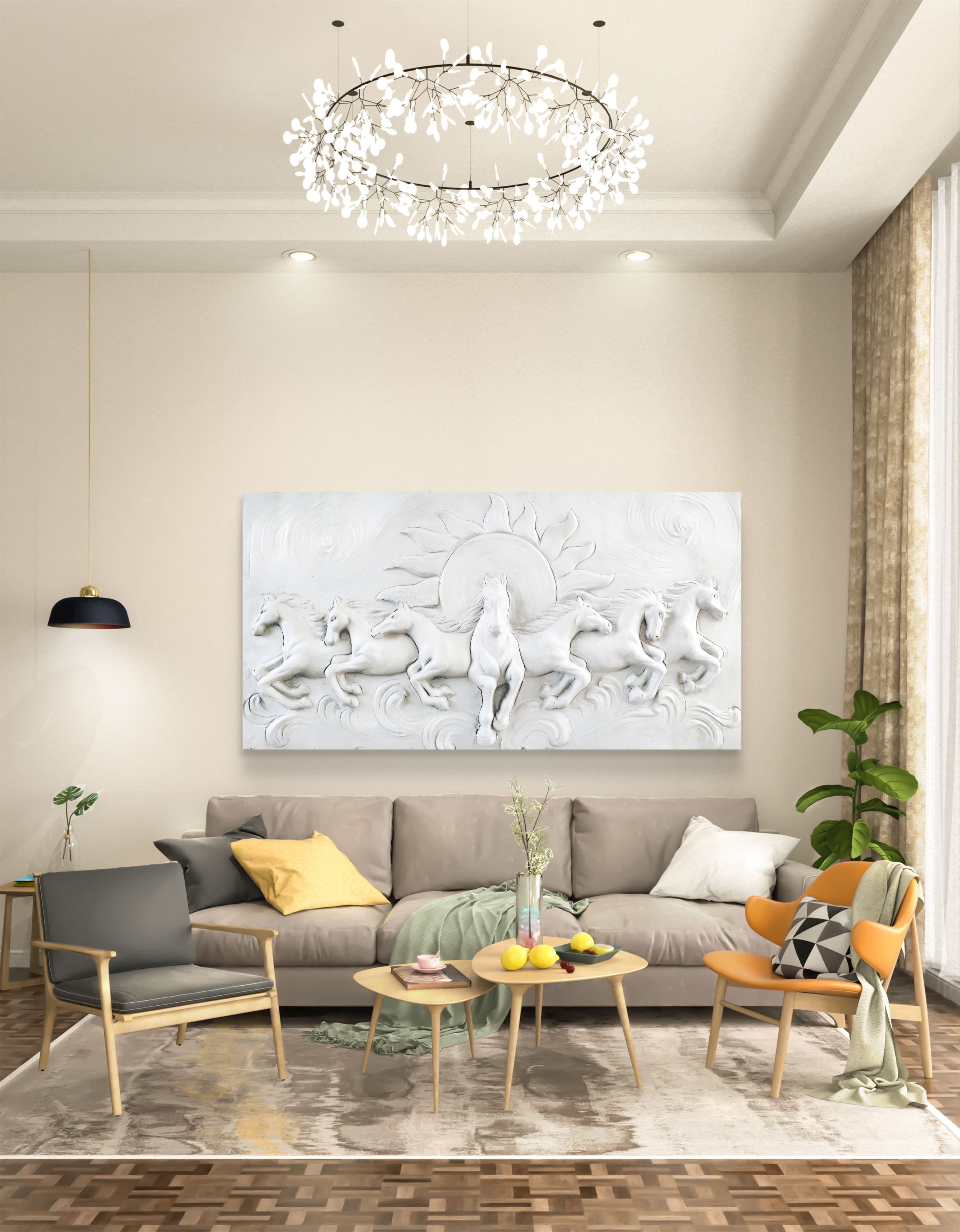 4x2 Feet 7 Horse With Sun Rises | 3D Relief Mural Wall Art