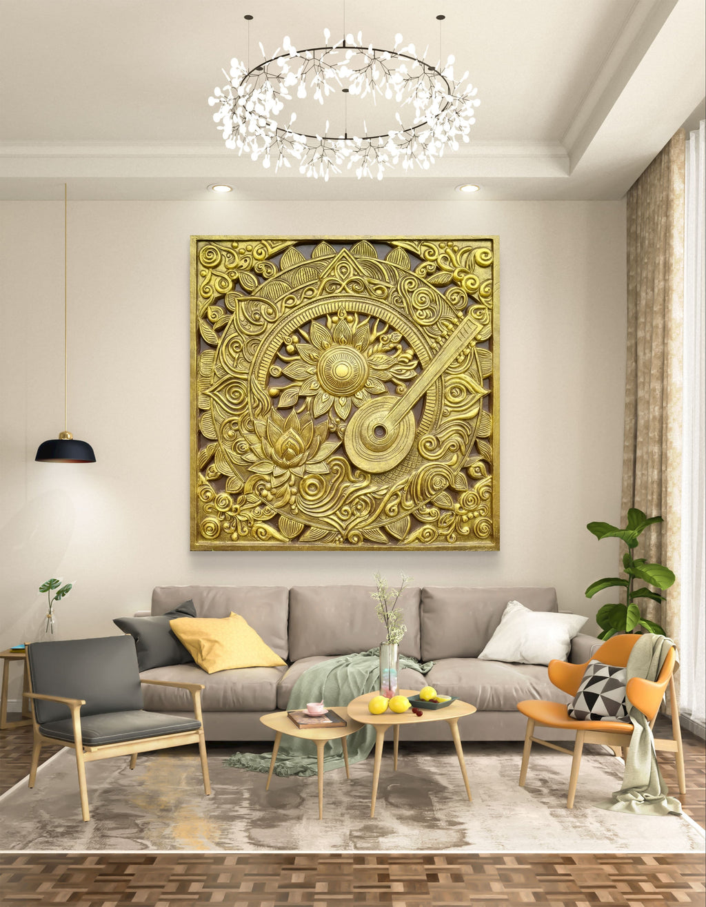 5x5 Feet Blooming Harmony 3D Relief Mural Wall Art | Tanpura Bloom