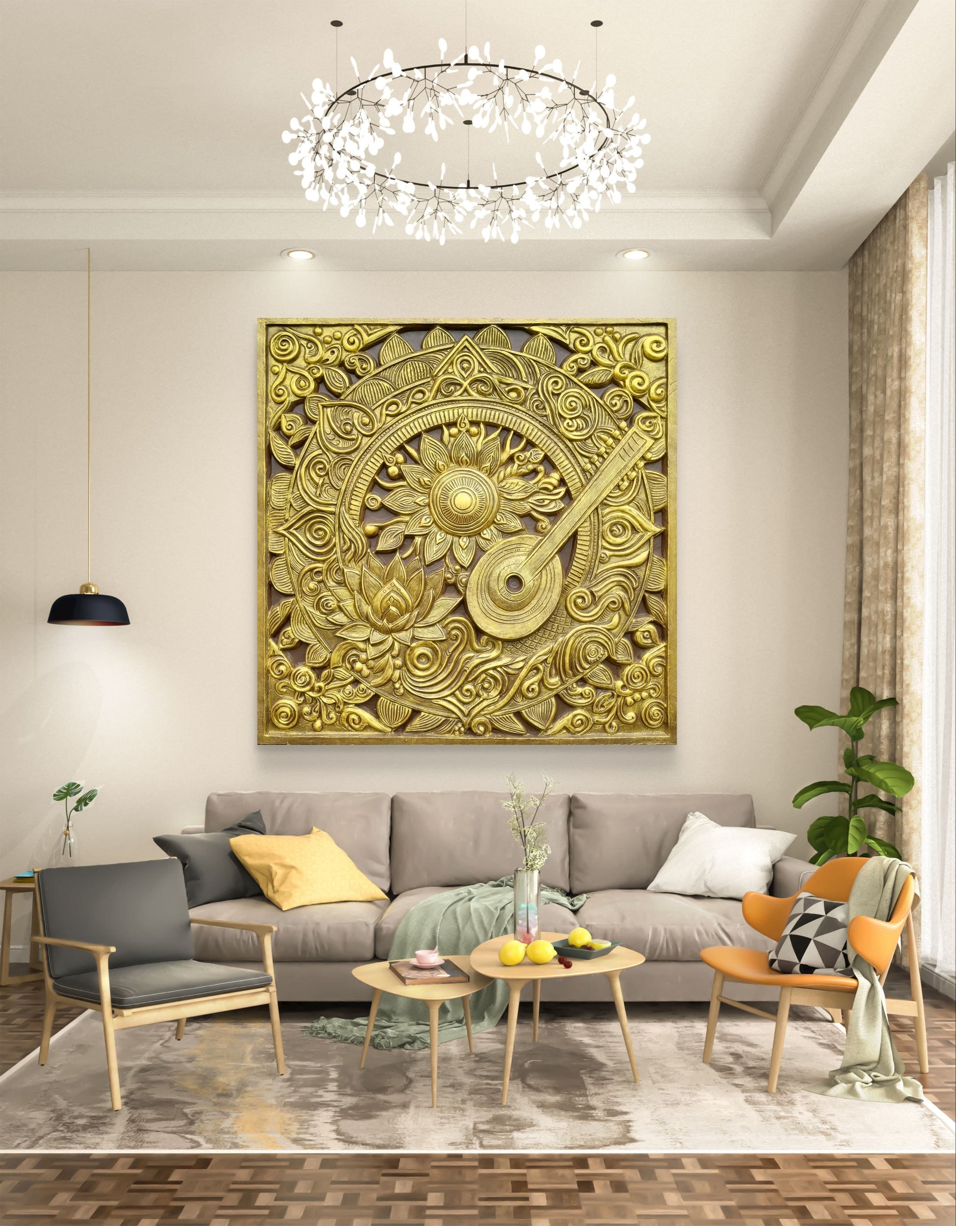 5x5 Feet Blooming Harmony 3D Relief Mural Wall Art | Tanpura Bloom