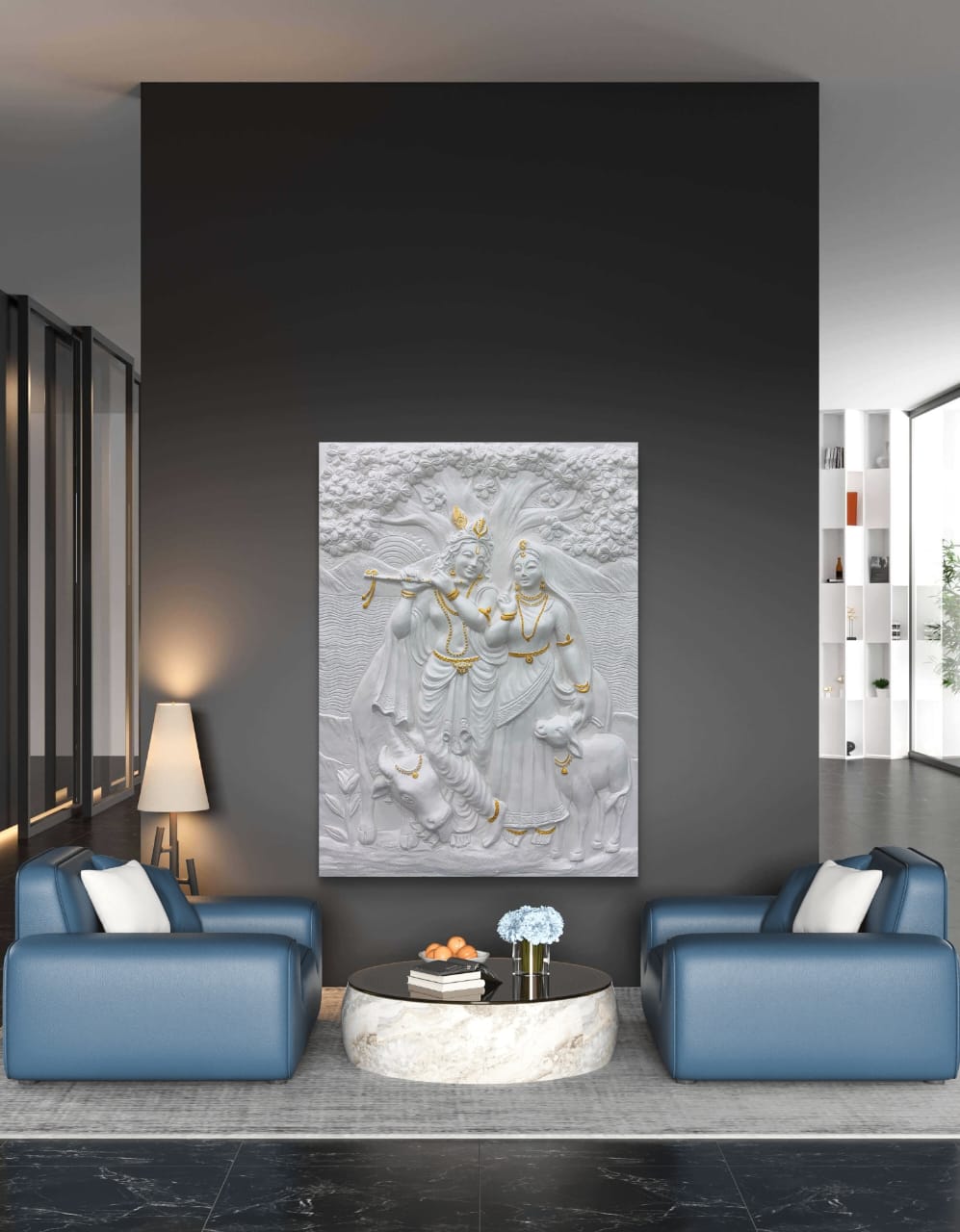 4x3 Feet Radha Krishna 3D Elevation Sculpture | Relief Mural Wall Art