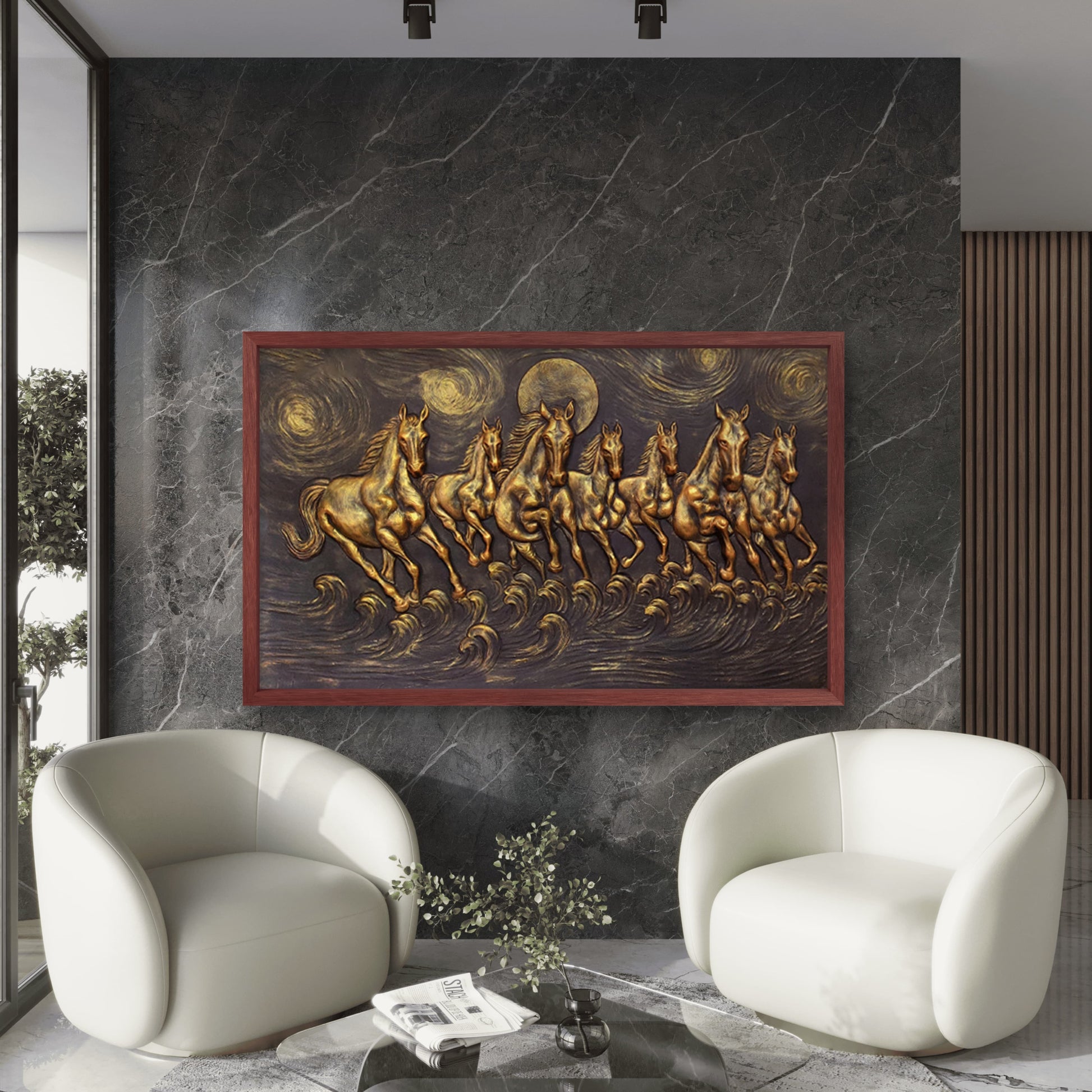 5x3 Feet Left-Moving 7 Horses | 3D Relief Mural (Vastu-Inspired)