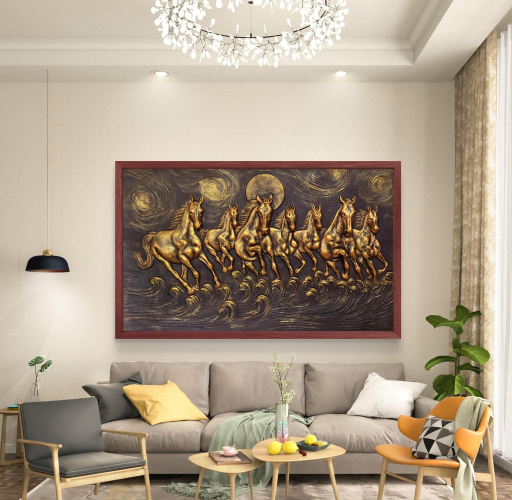 5x3 Feet Left-Moving 7 Horses | 3D Relief Mural (Vastu-Inspired)