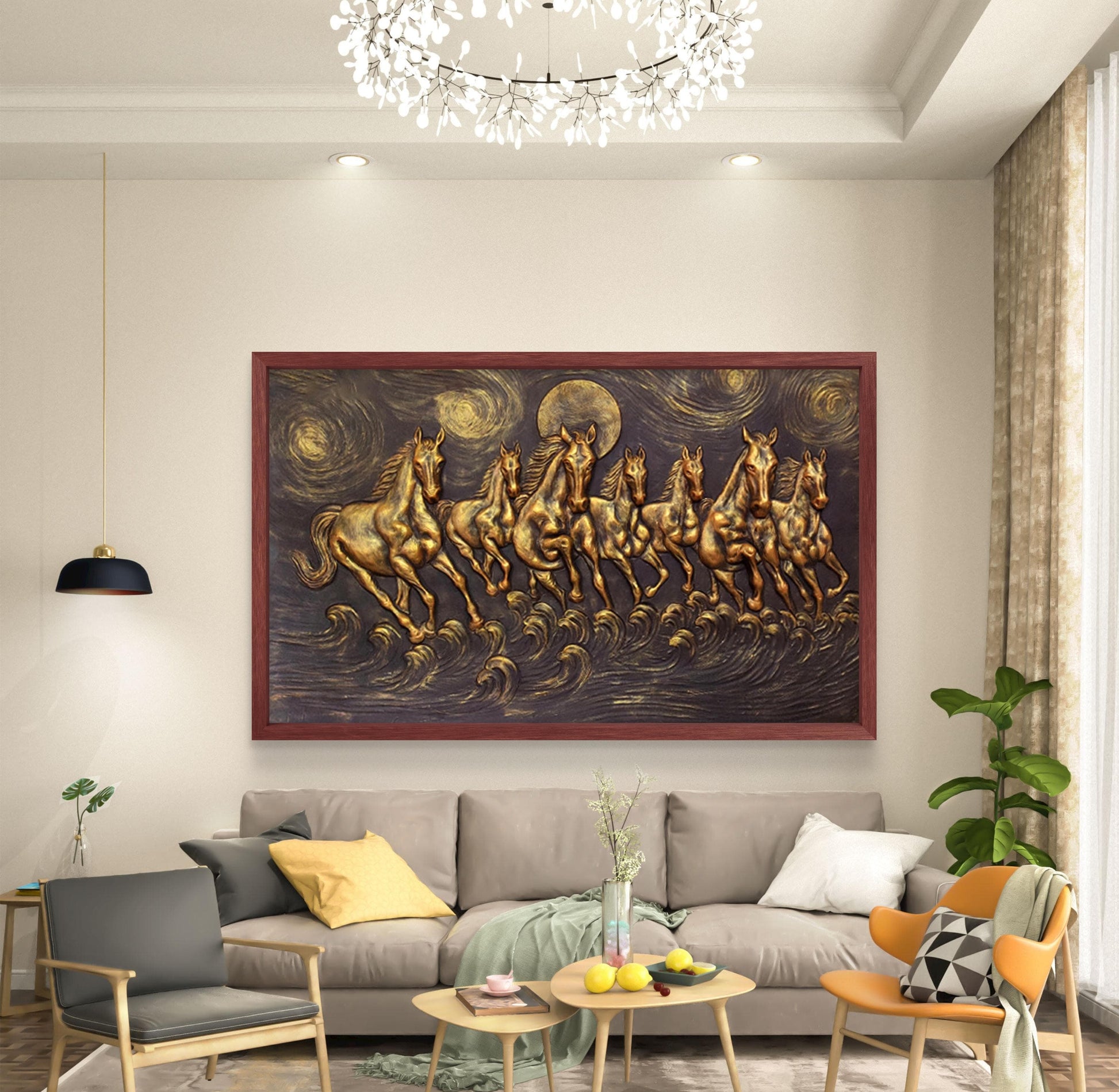 5x3 Feet Left-Moving 7 Horses | 3D Relief Mural (Vastu-Inspired)