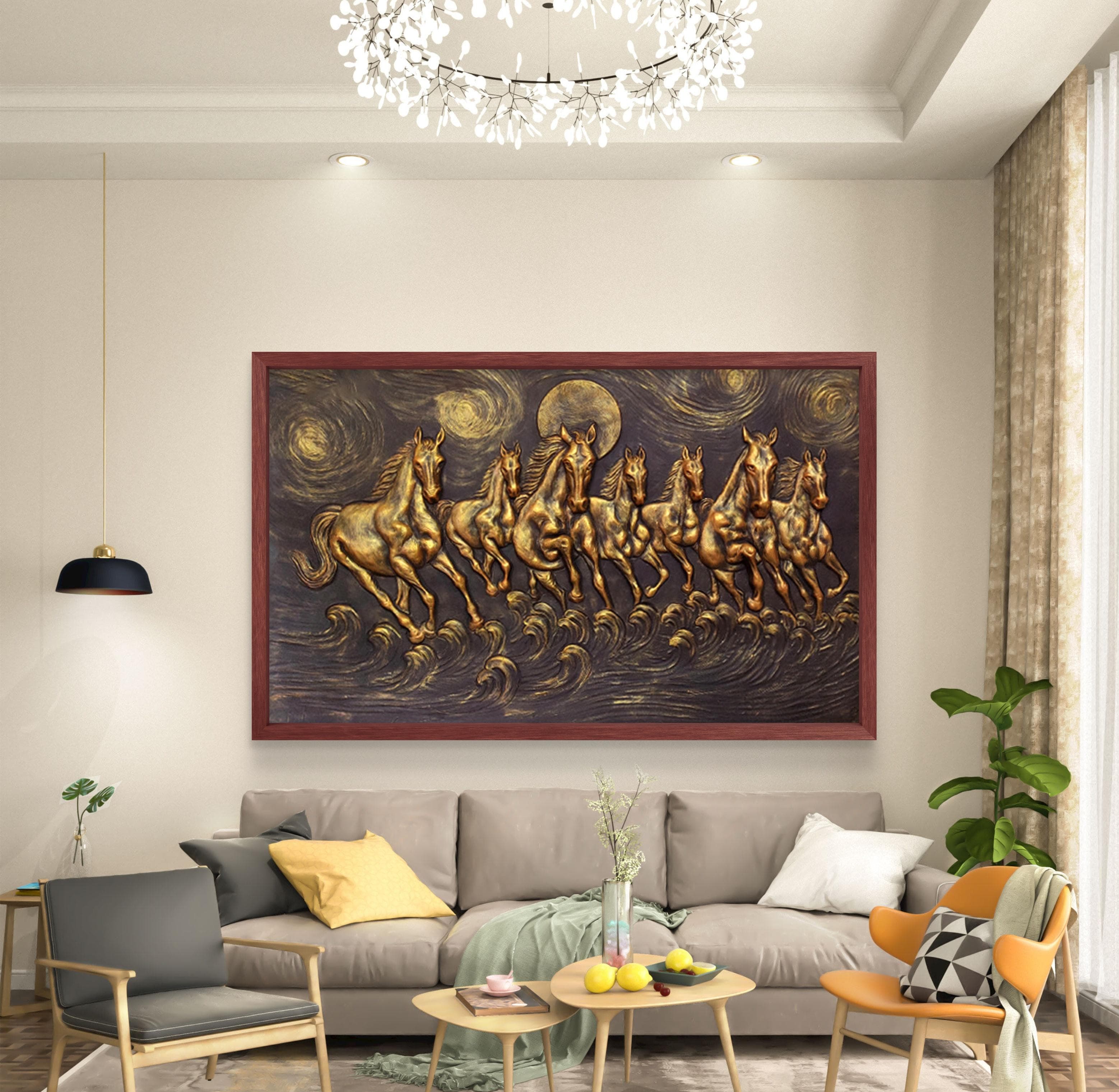 5x3 Feet Left-Moving 7 Horses | 3D Relief Mural (Vastu-Inspired)