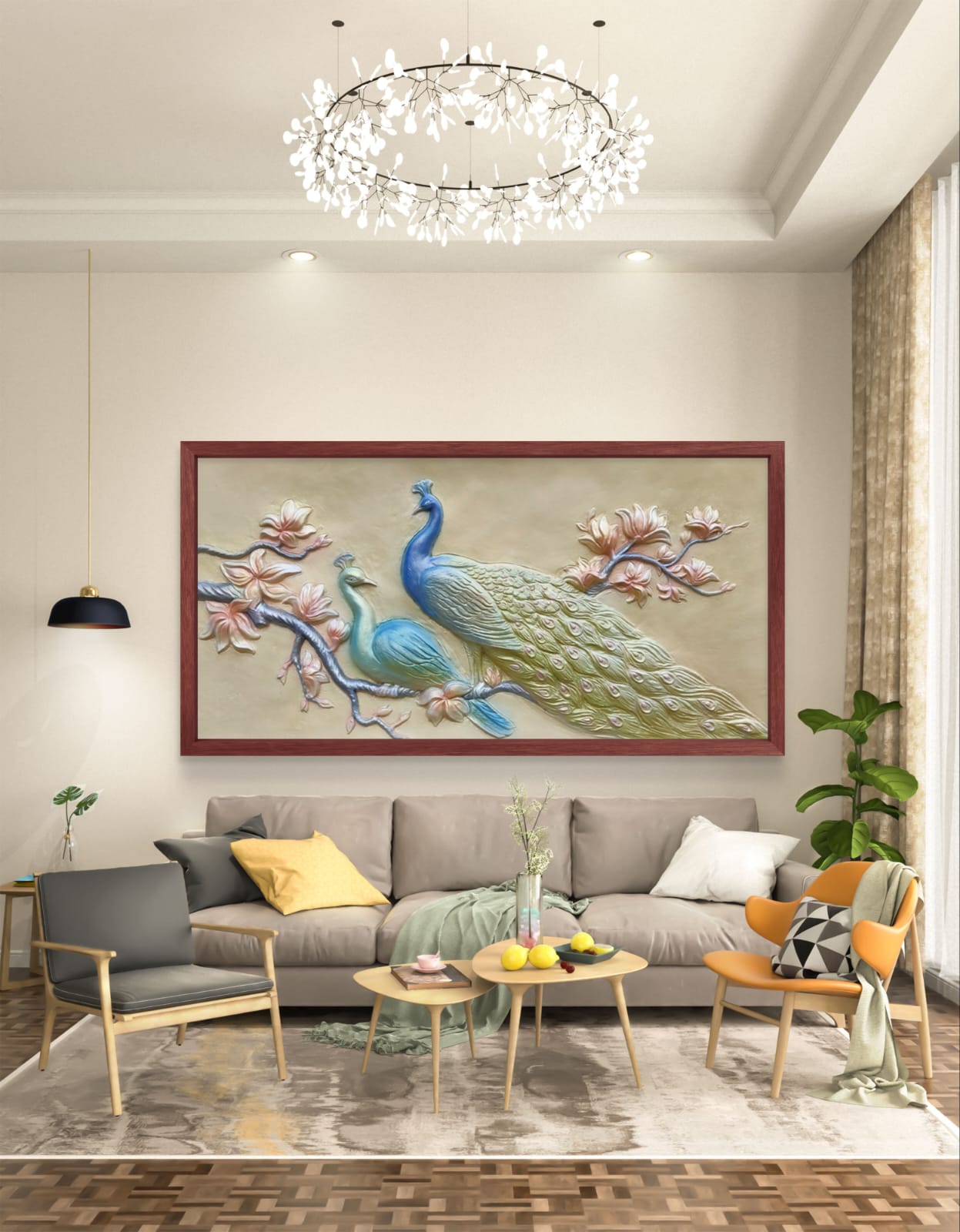 6x3 Feet Peacock with Floral Tree Design - 3D Relief Mural  | Handcrafted Wall Elevation Art