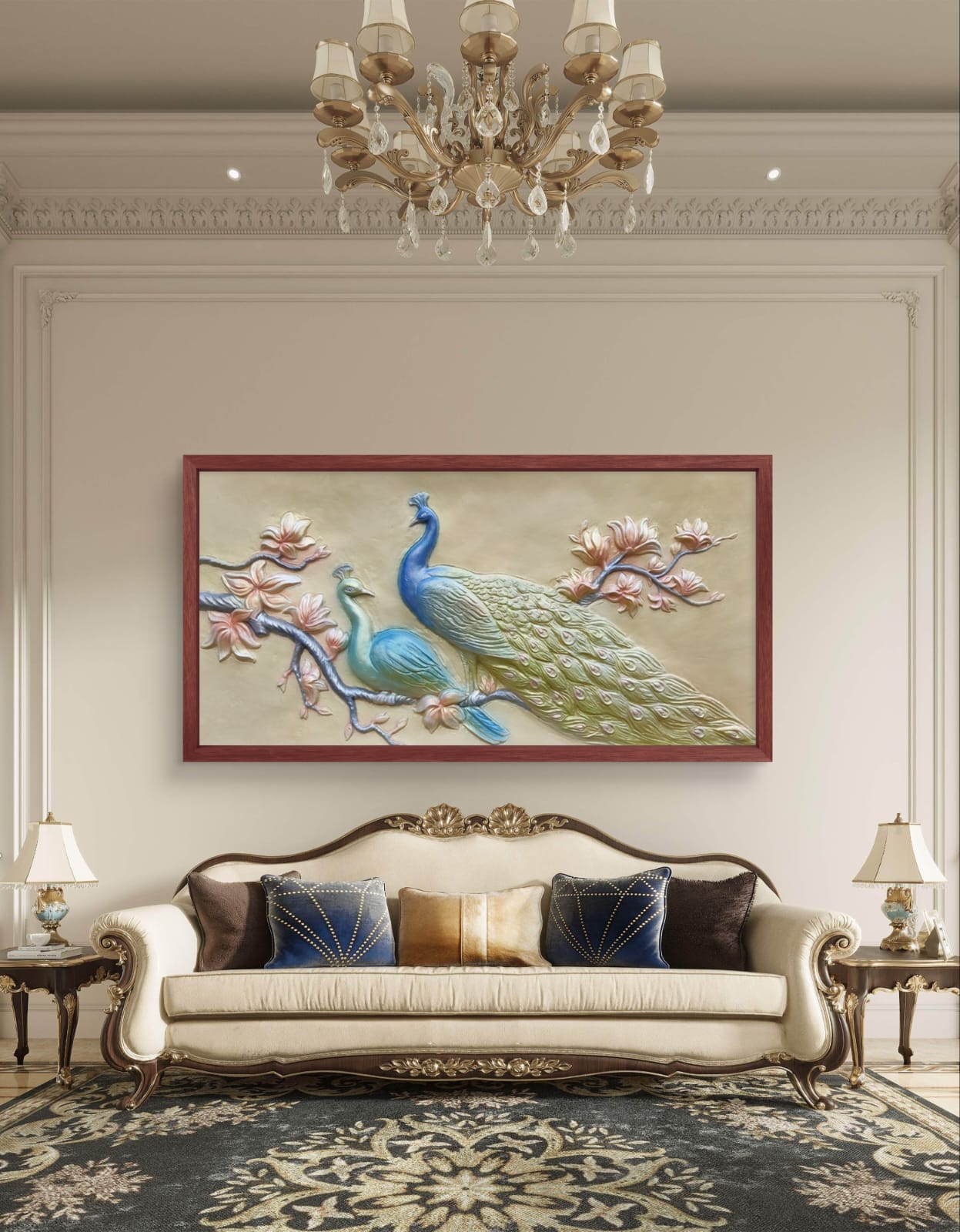 6x3 Feet Peacock with Floral Tree Design - 3D Relief Mural  | Handcrafted Wall Elevation Art