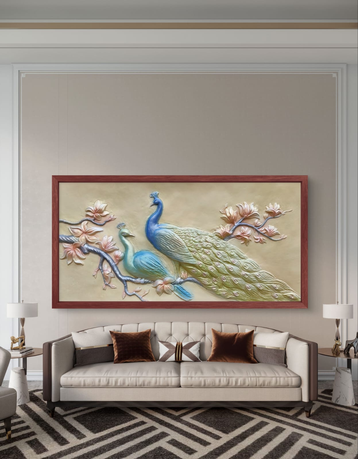 6x3 Feet Peacock with Floral Tree Design - 3D Relief Mural  | Handcrafted Wall Elevation Art